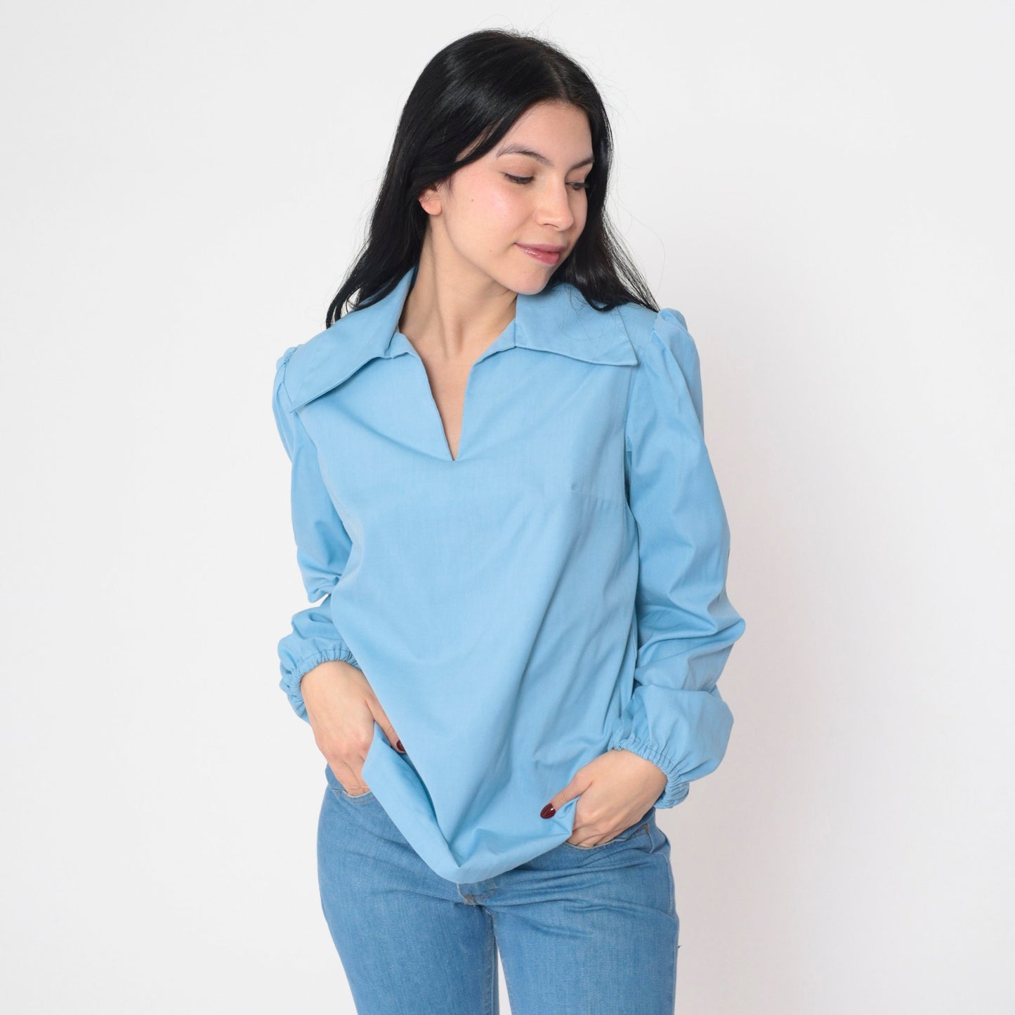 70s Baby Blue Blouse Puff Sleeve Collared V-Neck Long Sleeve Medium M
