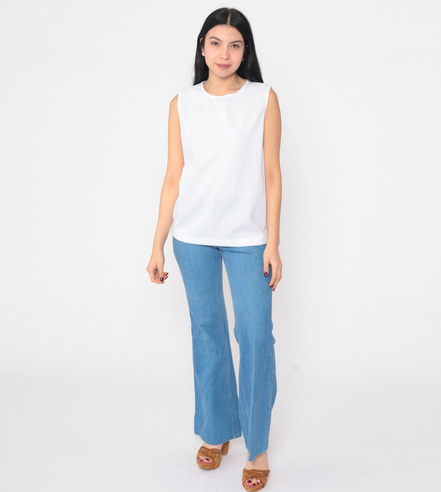 70s White Ribbed Tank Top Semi-Sheer Round Neckline Small Medium