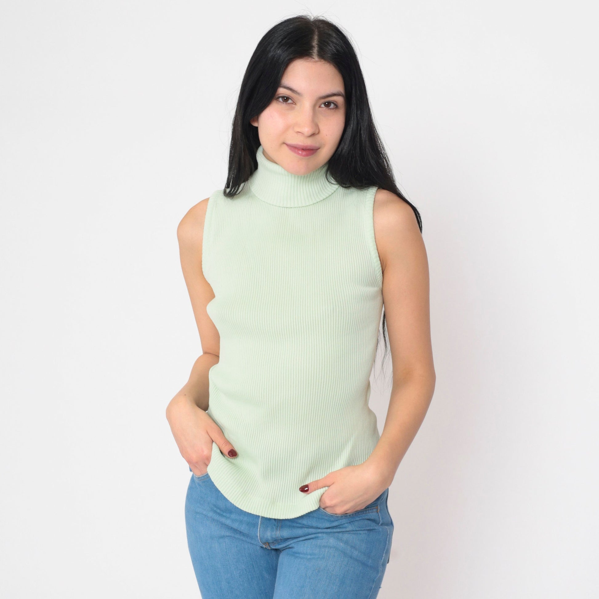 70s Mint Green Sleeveless Mock Neck Tank Top Small Medium