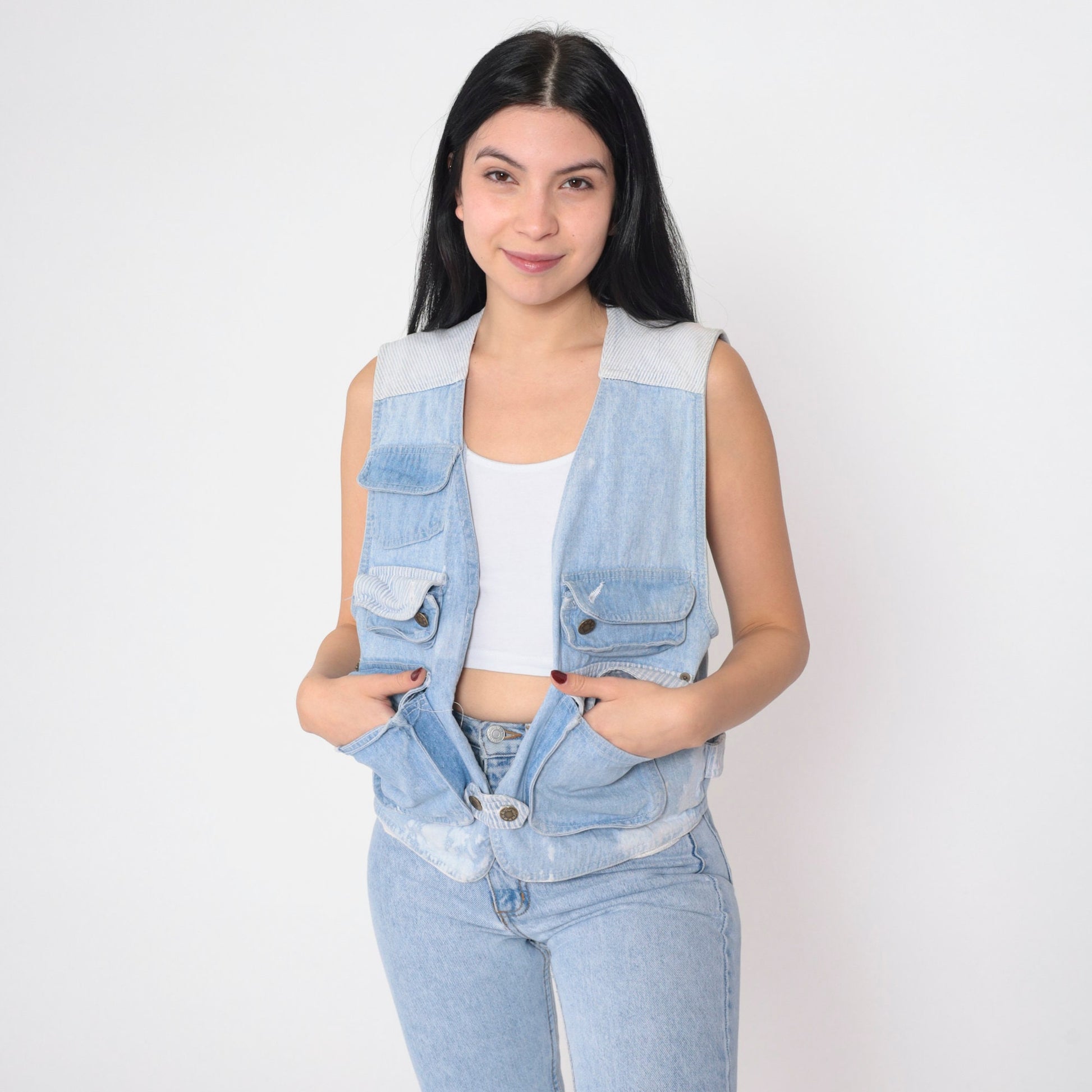 90s Blue Denim Cargo Vest Striped Button-Up Sleeveless Small S