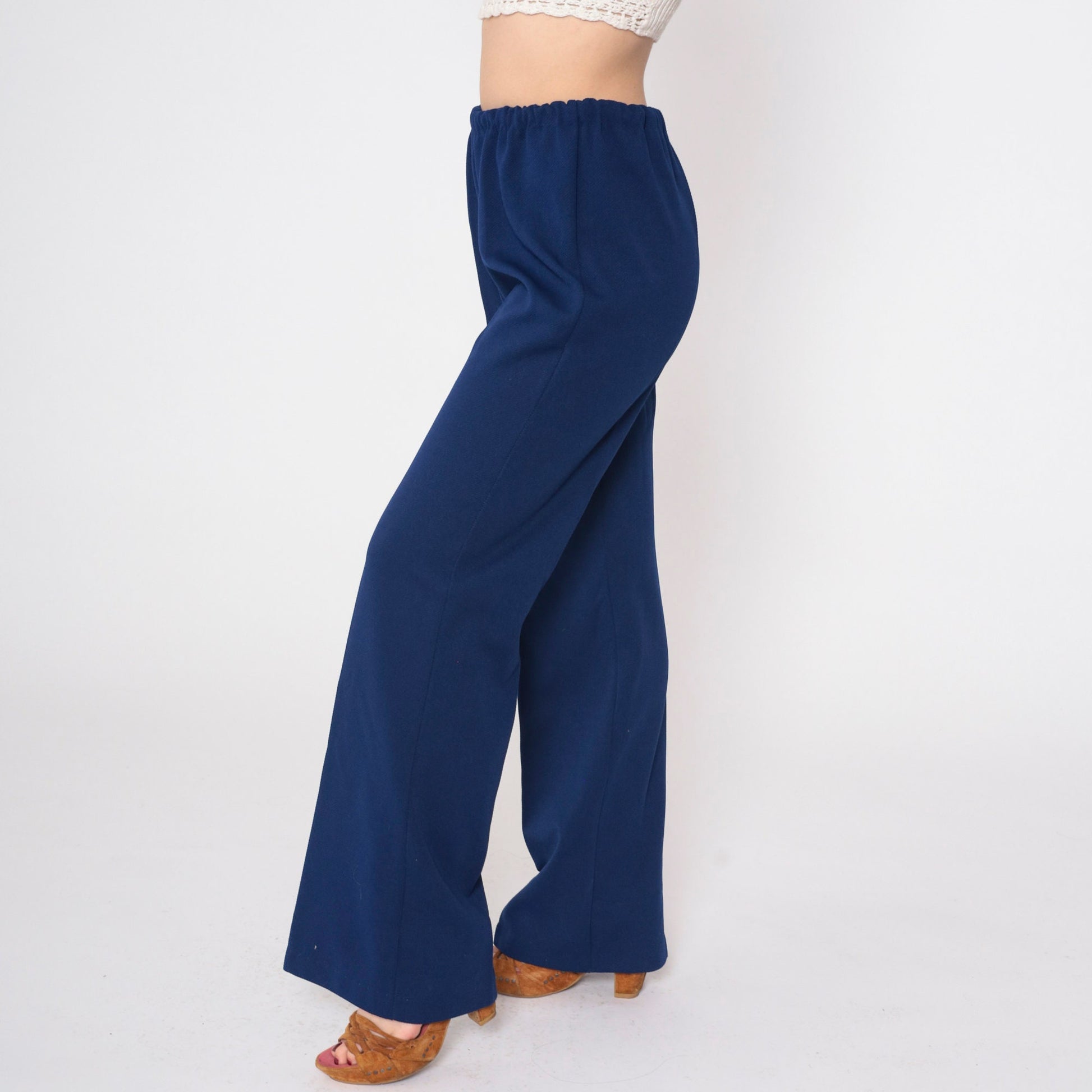 70s Navy High-Waisted Straight Leg Trousers Elastic Waist Small