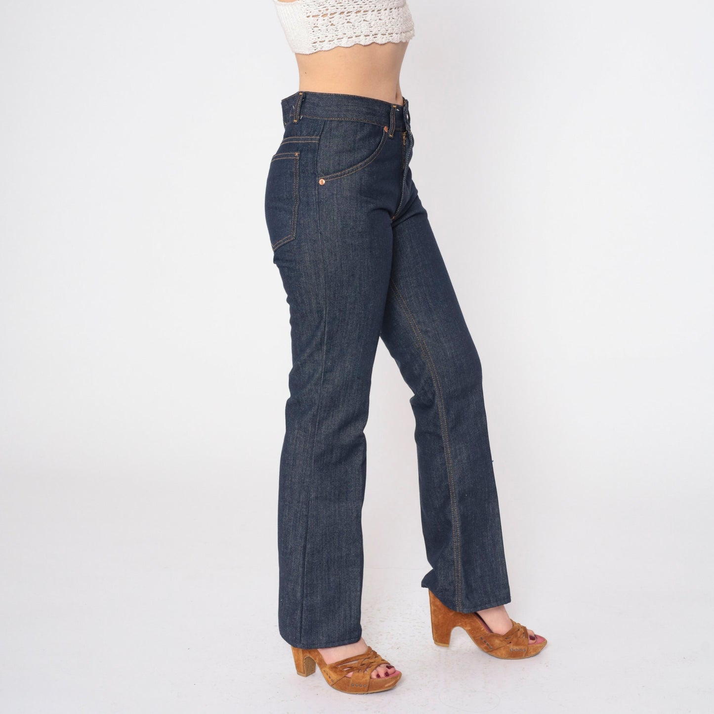 80s Dark Blue Flared Denim Jeans Mid Rise Orange Topstitch Small S