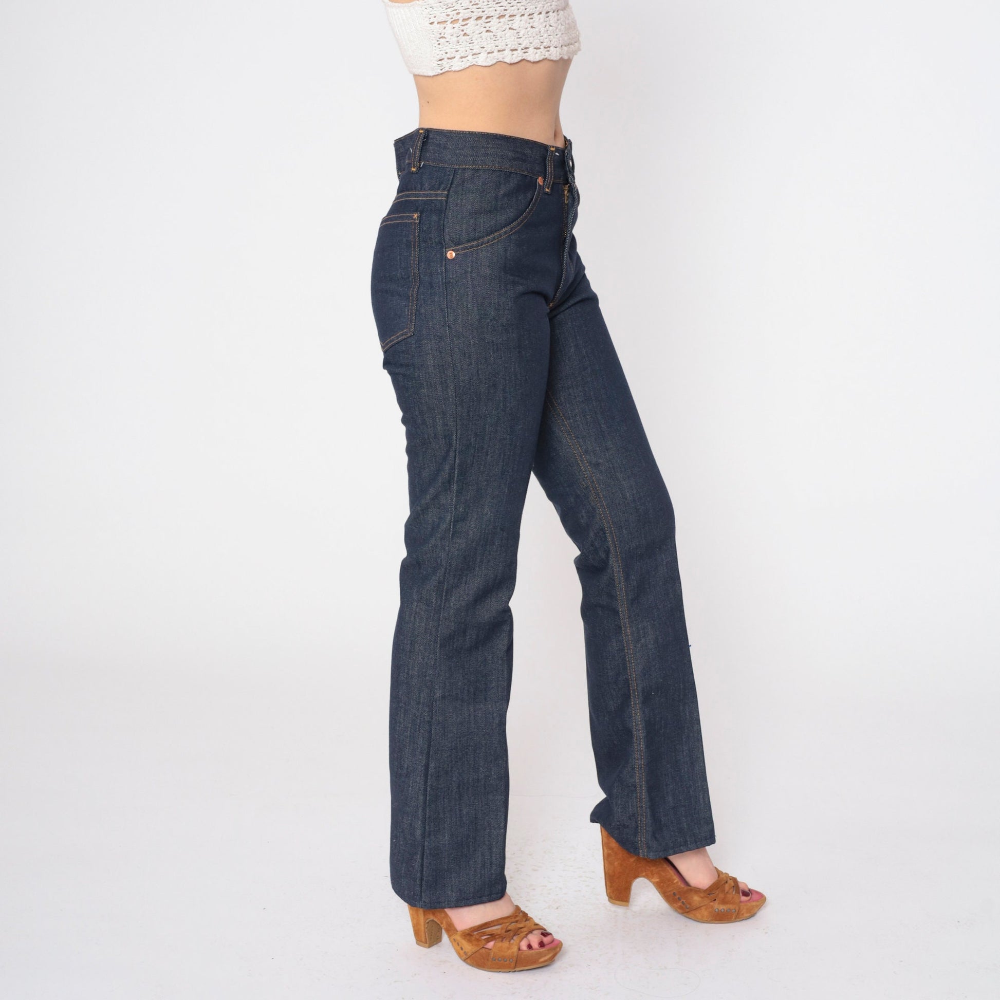 80s Dark Blue Flared Denim Jeans Mid Rise Orange Topstitch Small S