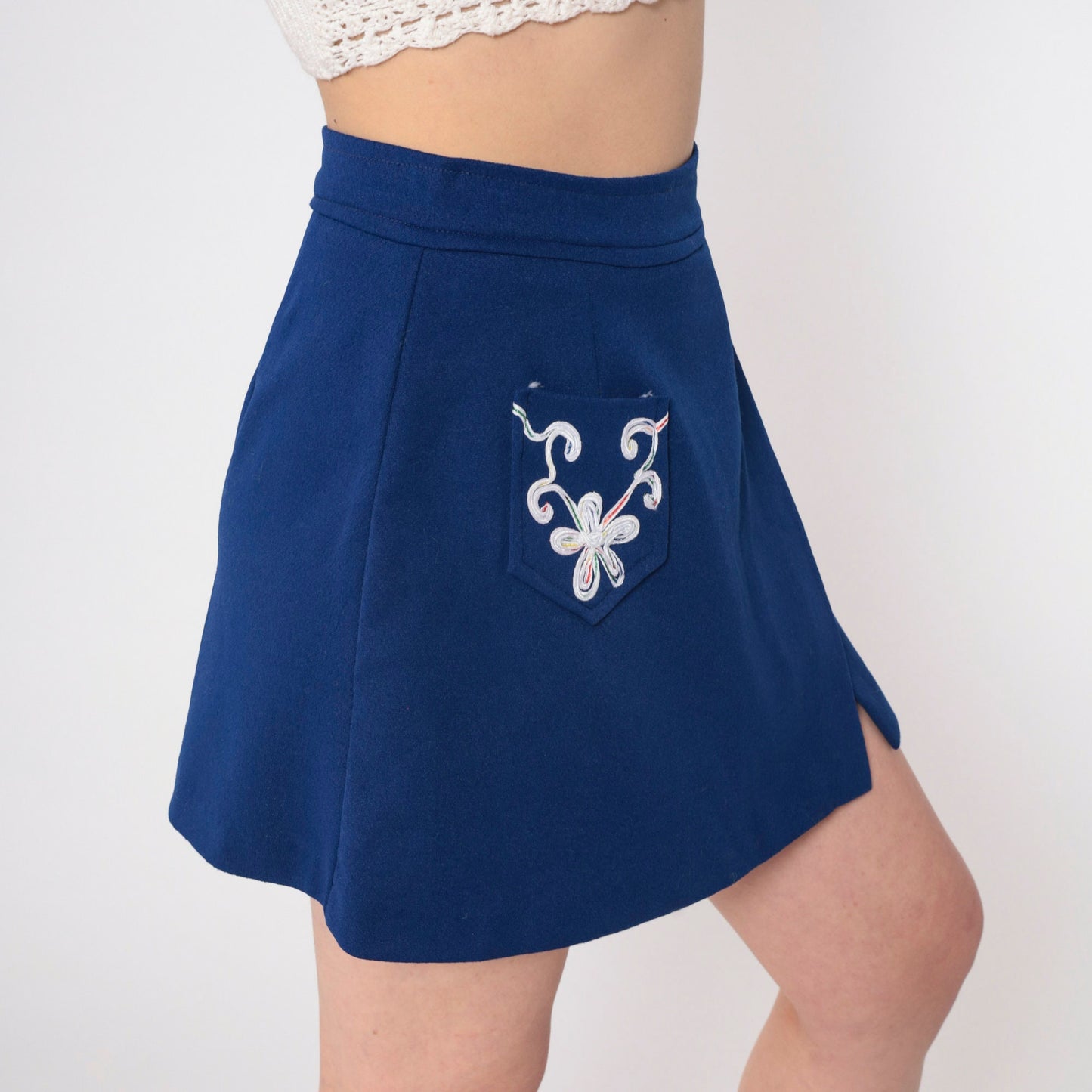 70s Navy Skort Floral Embroidered High Waisted Mini A Line Small S