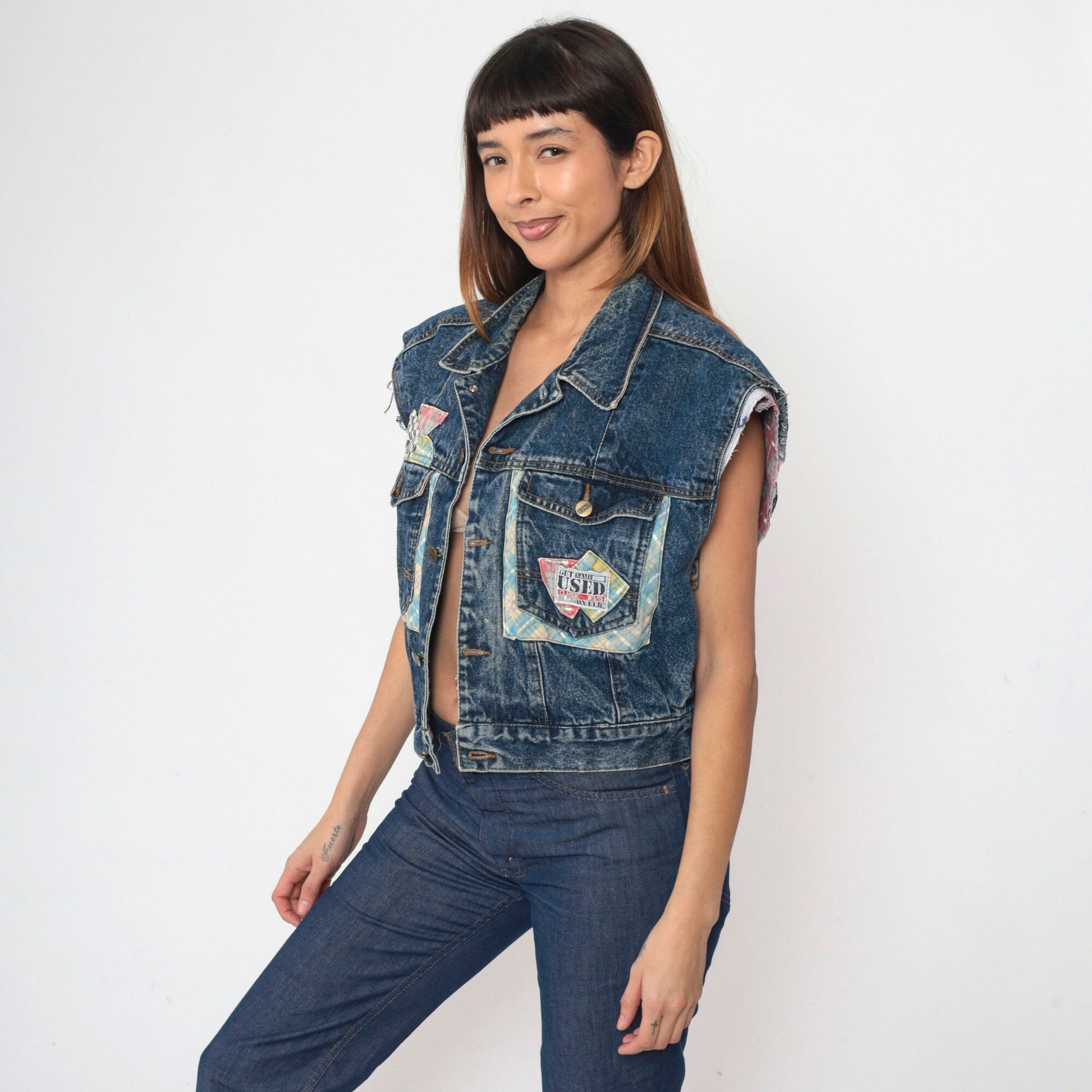90s Denim Vest Plaid Patchwork Cutoff Blue Jean Sleeveless Medium