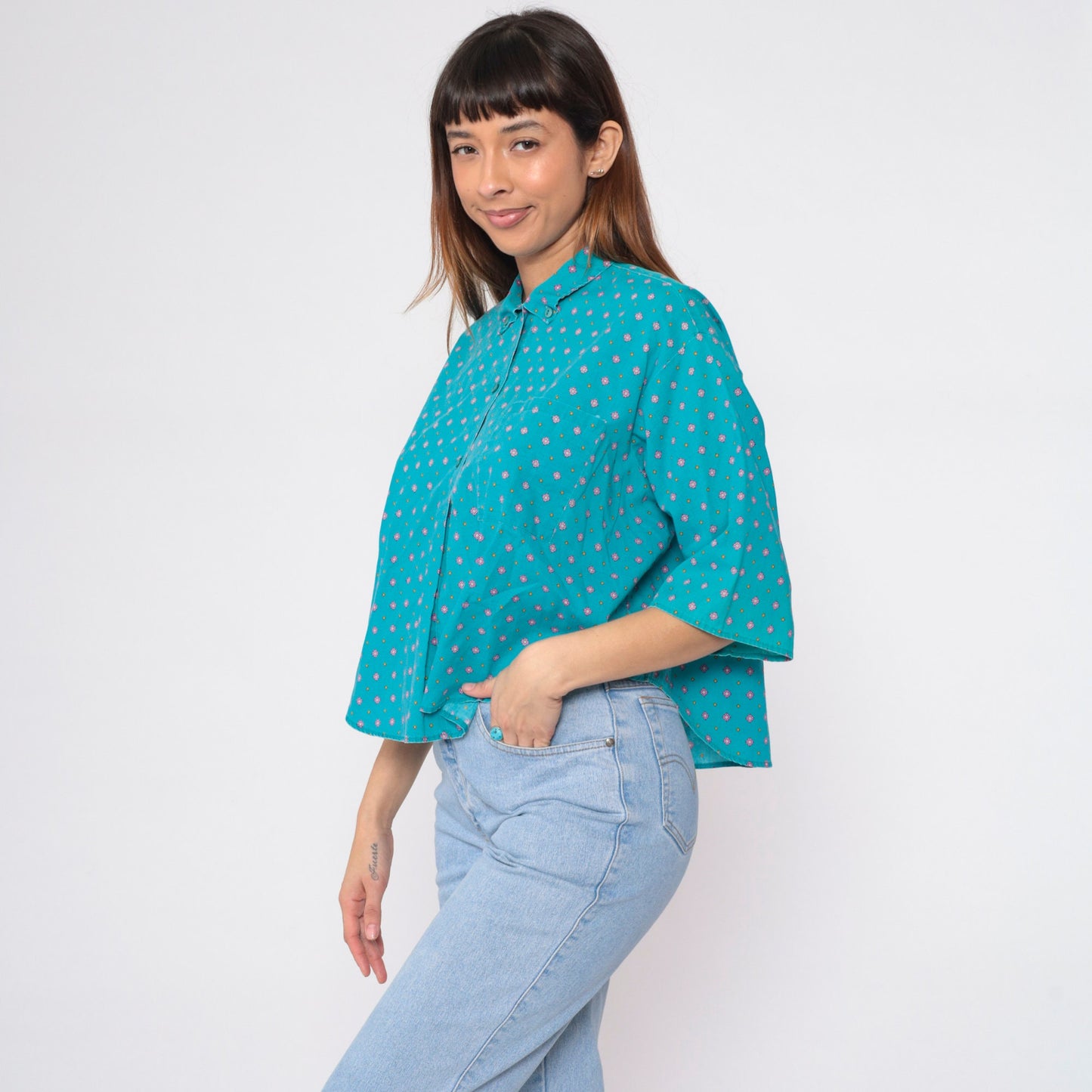 90s Geometric Floral Button-Up Blouse Turquoise Diamond Print Half Sleeve Large L