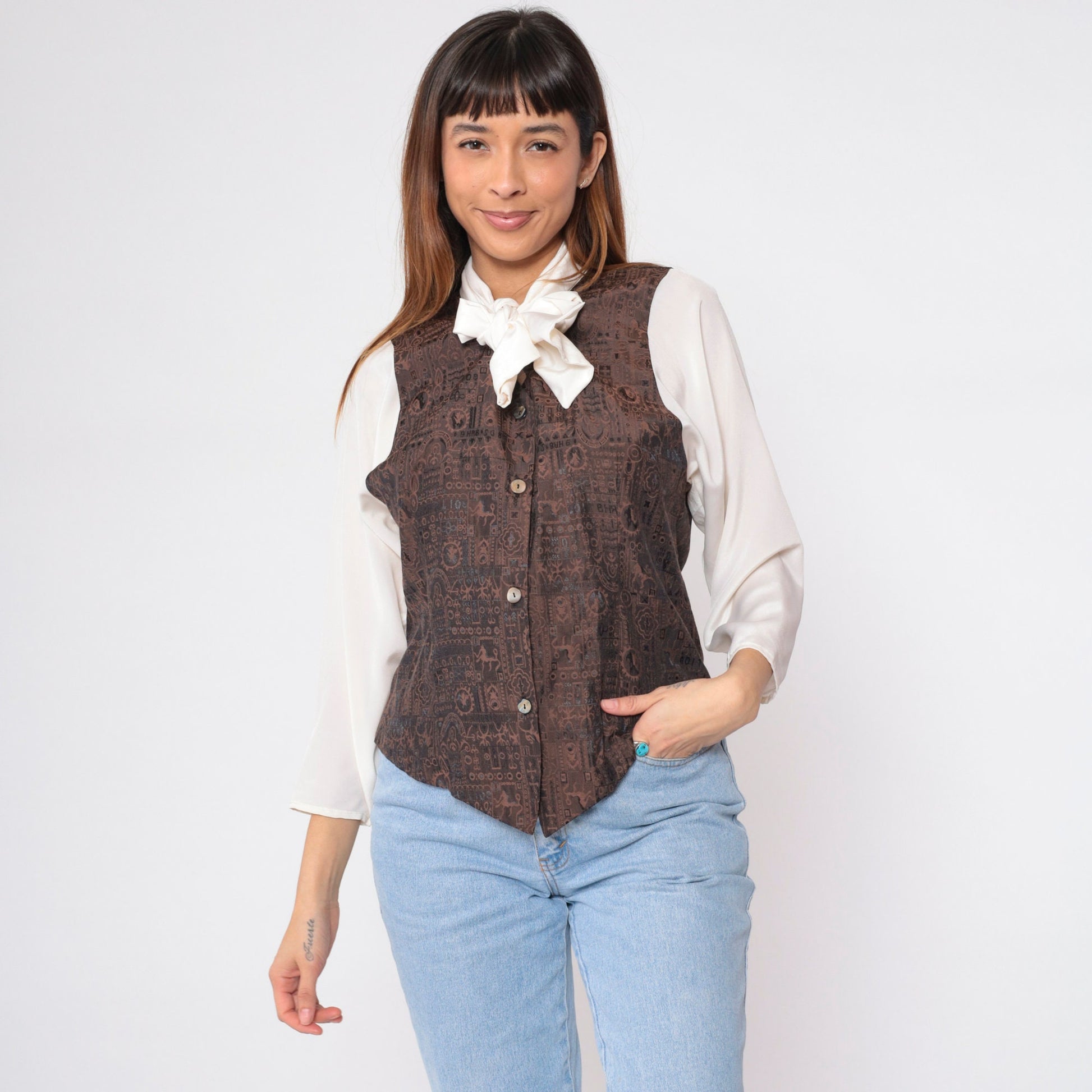 90s Off-White Button-Up Blouse with Attached Brown Vest and Necktie Medium