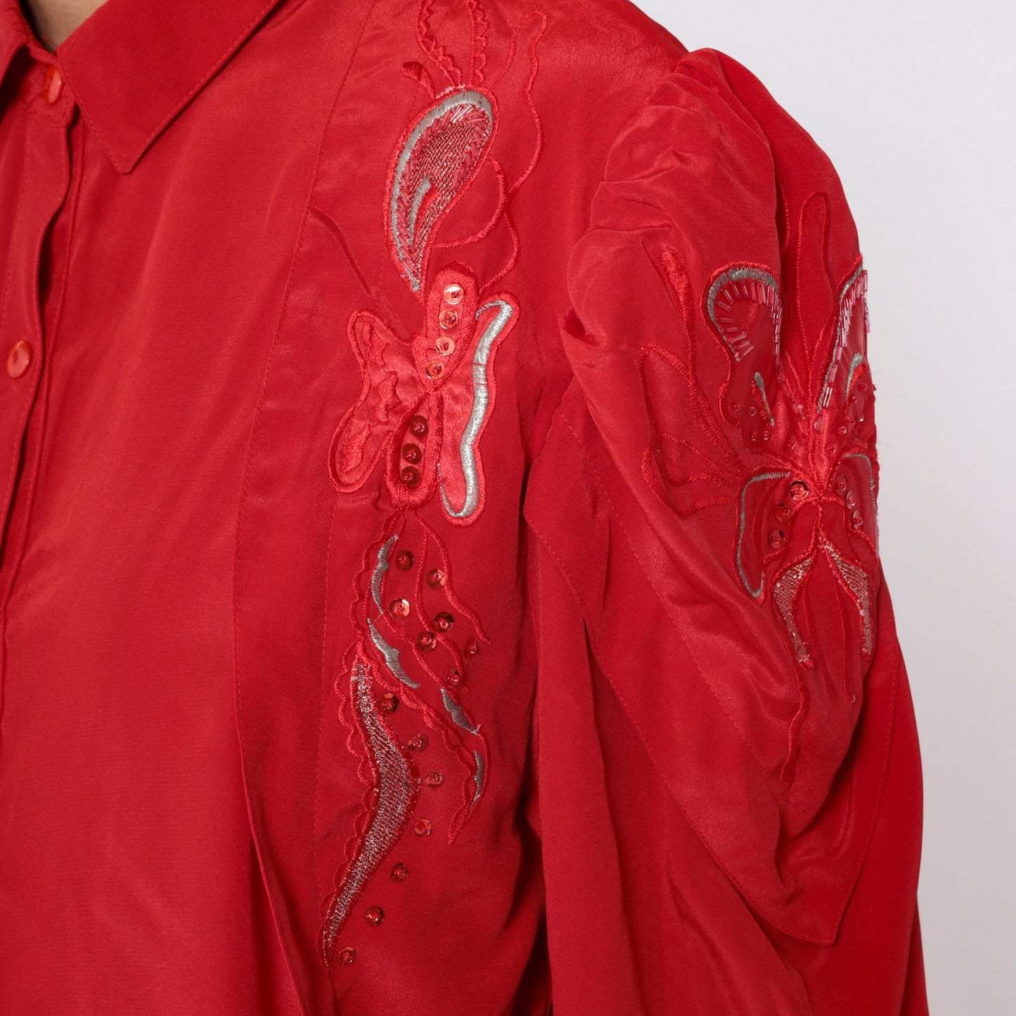 90s Red Sequin Embroidered Button-Up Blouse Puff Sleeve Large L