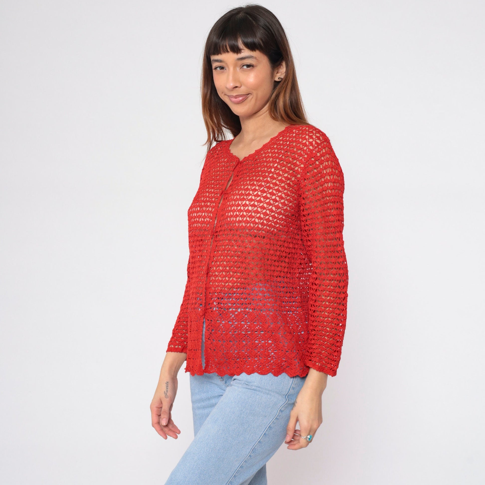 90s Red Crochet Cardigan Floral Cutout Button-Up Sweater Large L