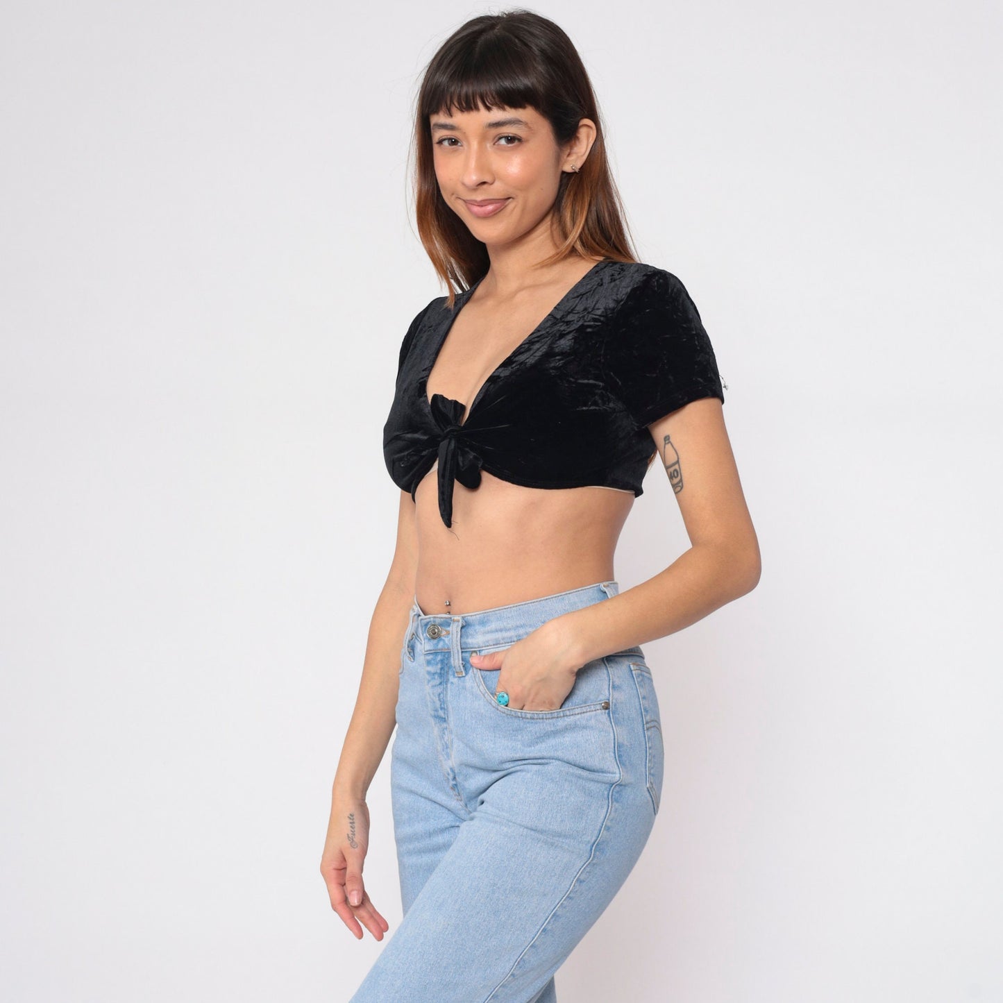 90s Black Velvet Crop Top Tie Front Short Sleeve Extra Small XS