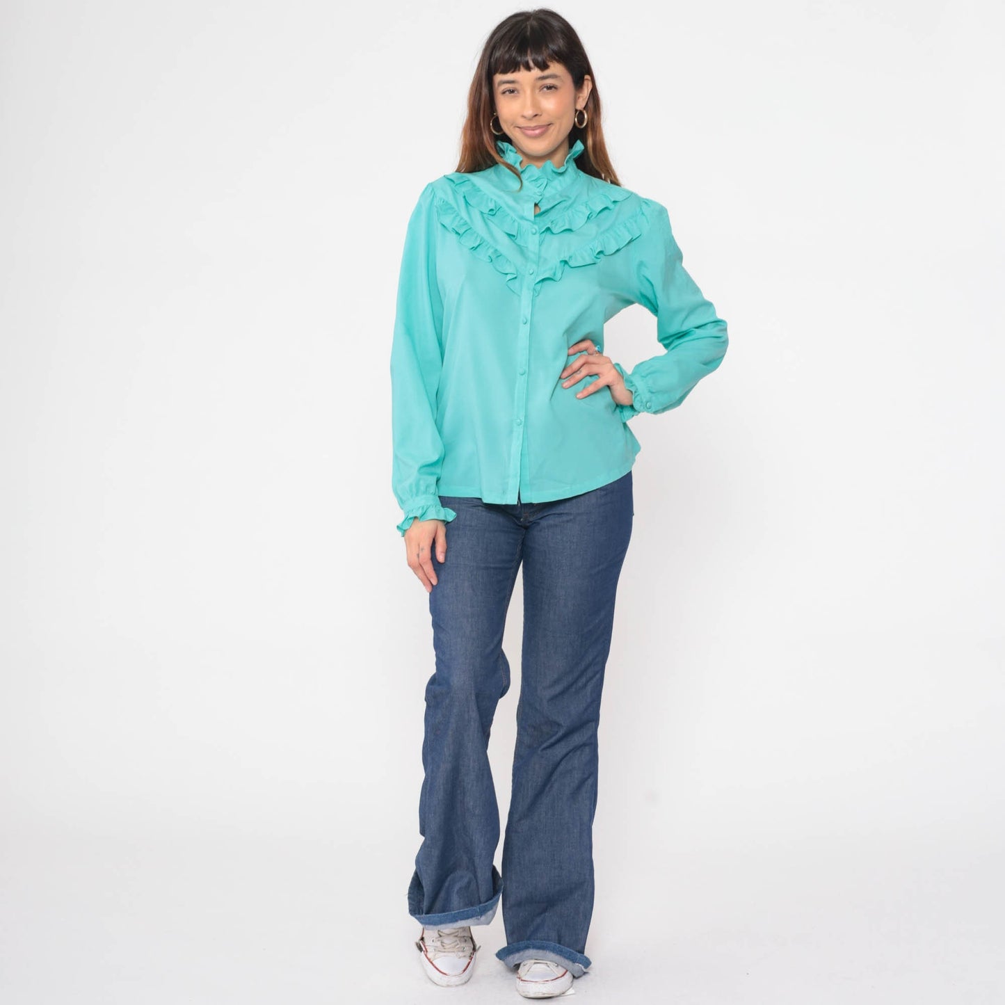 70s Pykettes Turquoise Puff Sleeve Button-Up Blouse Ruffled High Neck Medium