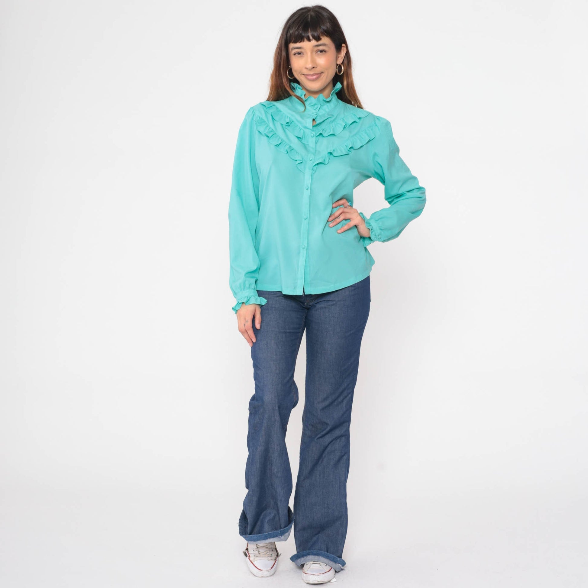 70s Pykettes Turquoise Puff Sleeve Button-Up Blouse Ruffled High Neck Medium
