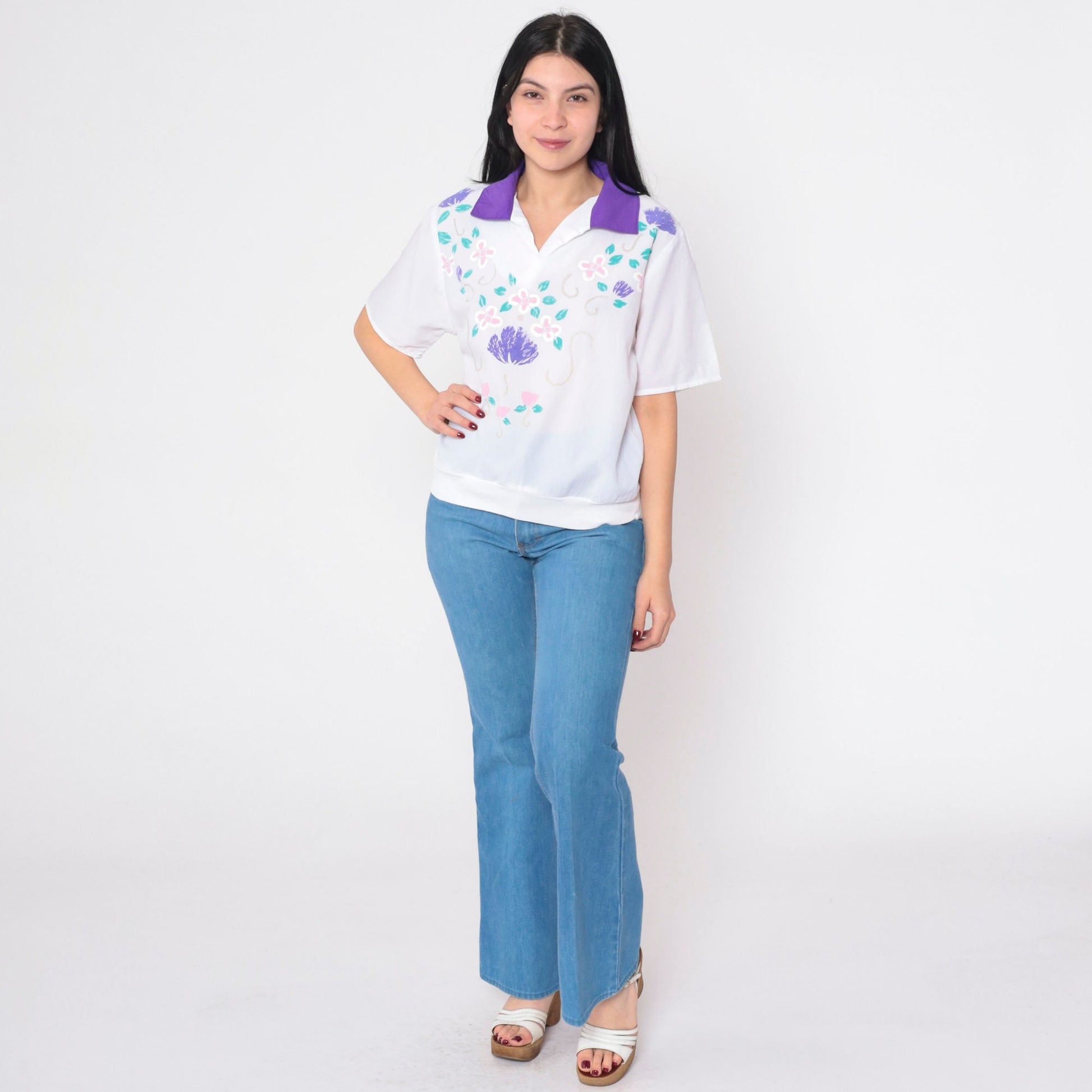 80s White Glitter Floral Shirt Purple Collar Short Sleeve Polo Top Medium