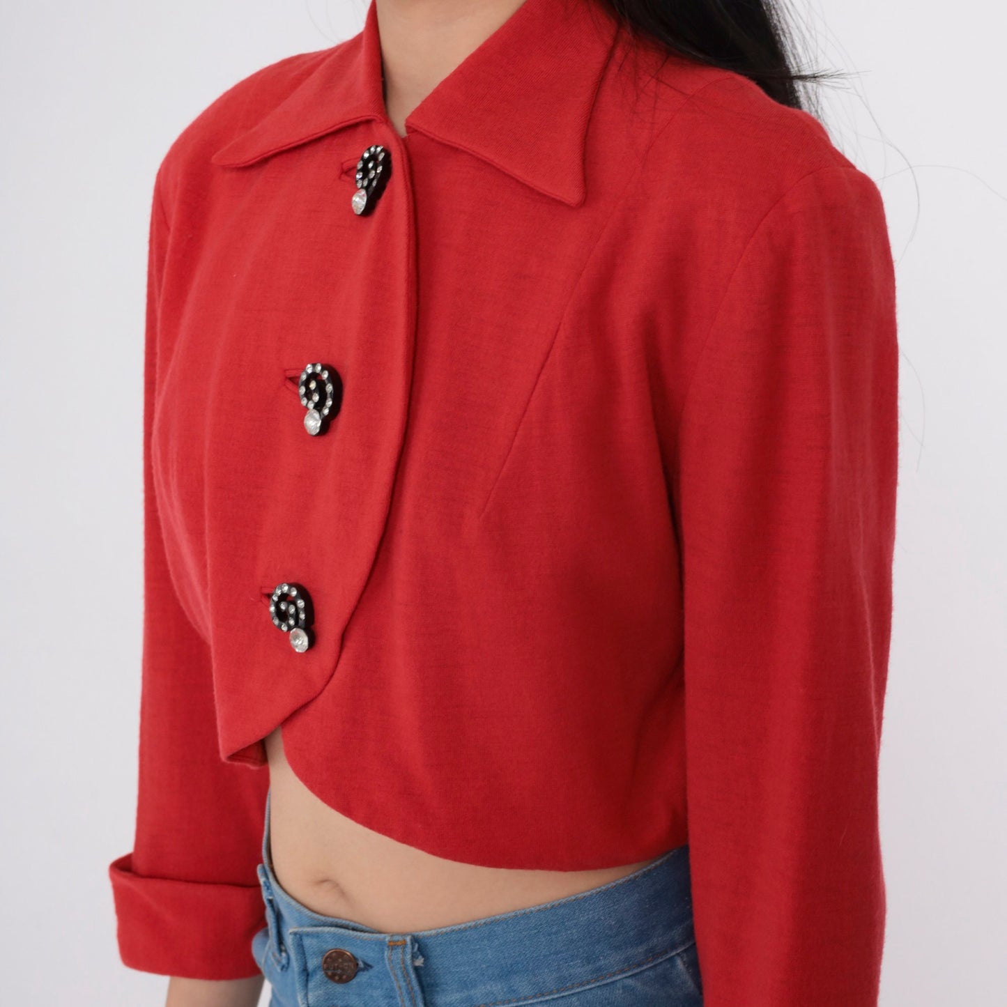 60s Red Wool Cropped Blazer Jacket Rhinestone Buttons 3/4 Sleeve Small S