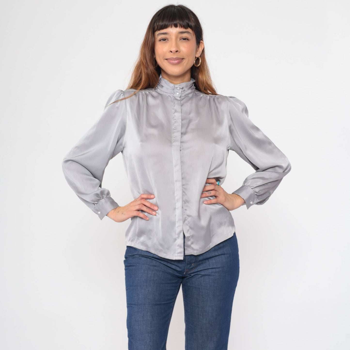 80s Silver Grey Puff Sleeve Blouse Pearl Button Mock Neck Medium