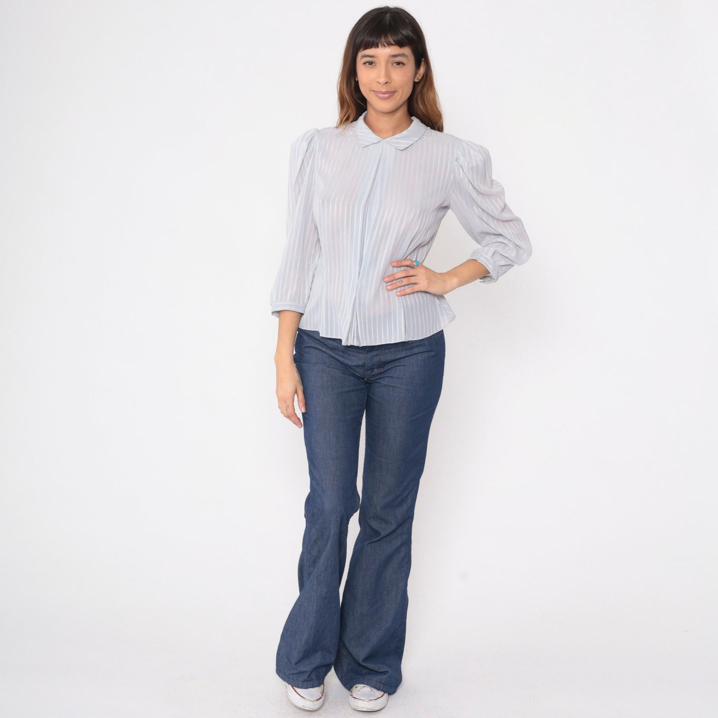 80s Pure Class Grey Pinstriped Puff Sleeve Blouse Button Back Medium