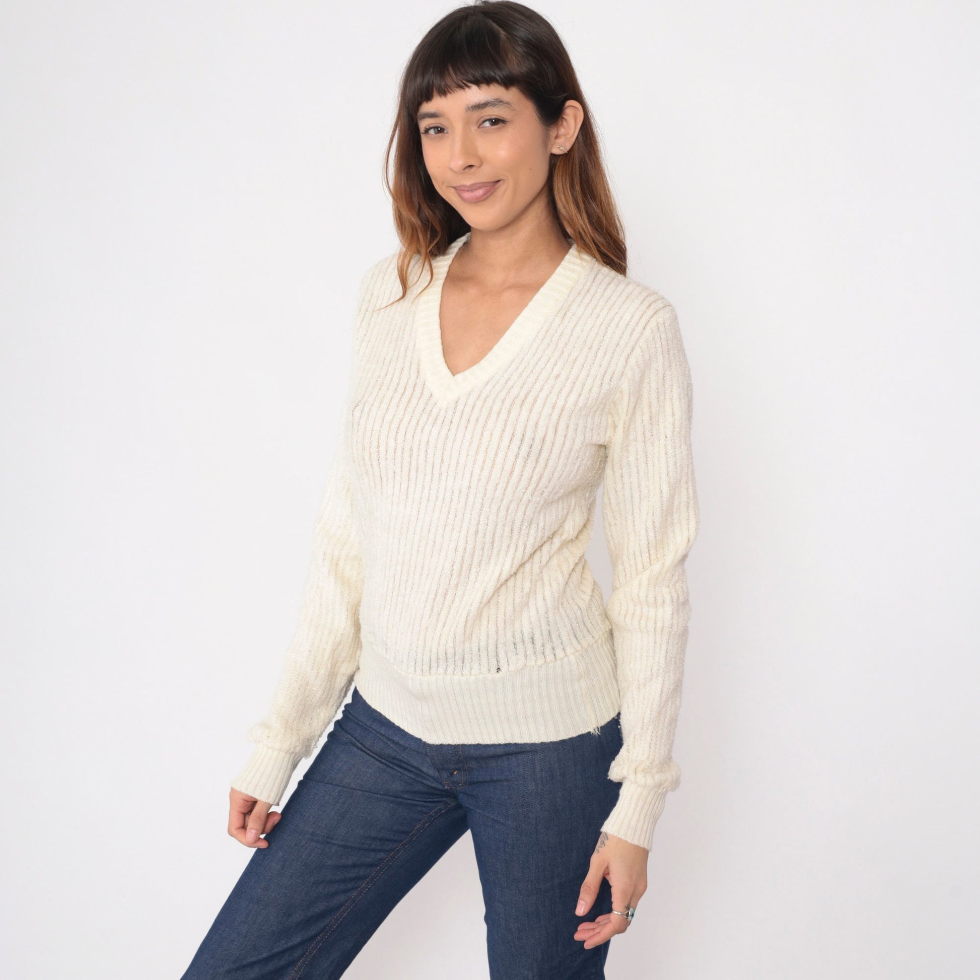 70s Terry Cloth V-Neck Sweatshirt Cream Ribbed Pullover XS