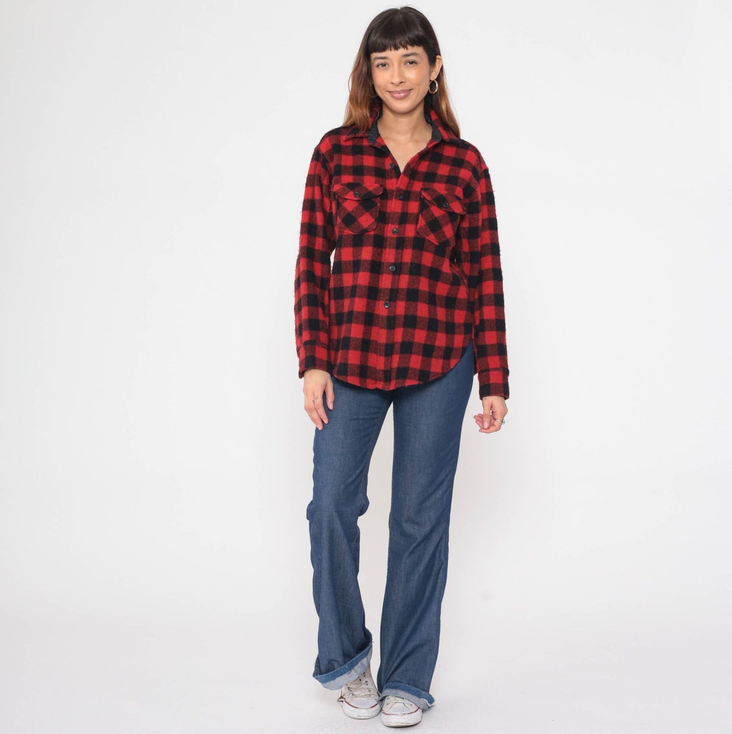 80s Woolrich Buffalo Plaid Wool Shirt Red Black Button Up Medium