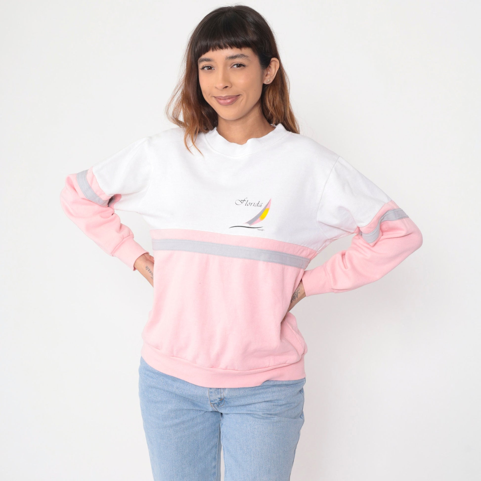 80s Florida Sailboat Sweatshirt Baby Pink White Color Block Crewneck Medium