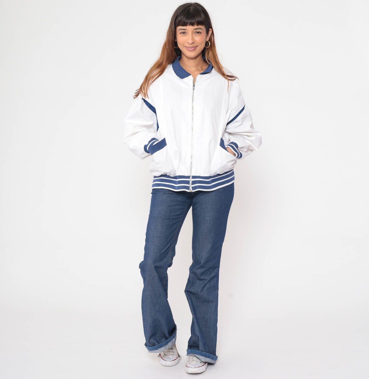 80s White Windbreaker Jacket Dark Blue Stripes Full Zip Track Jacket Extra Large XL
