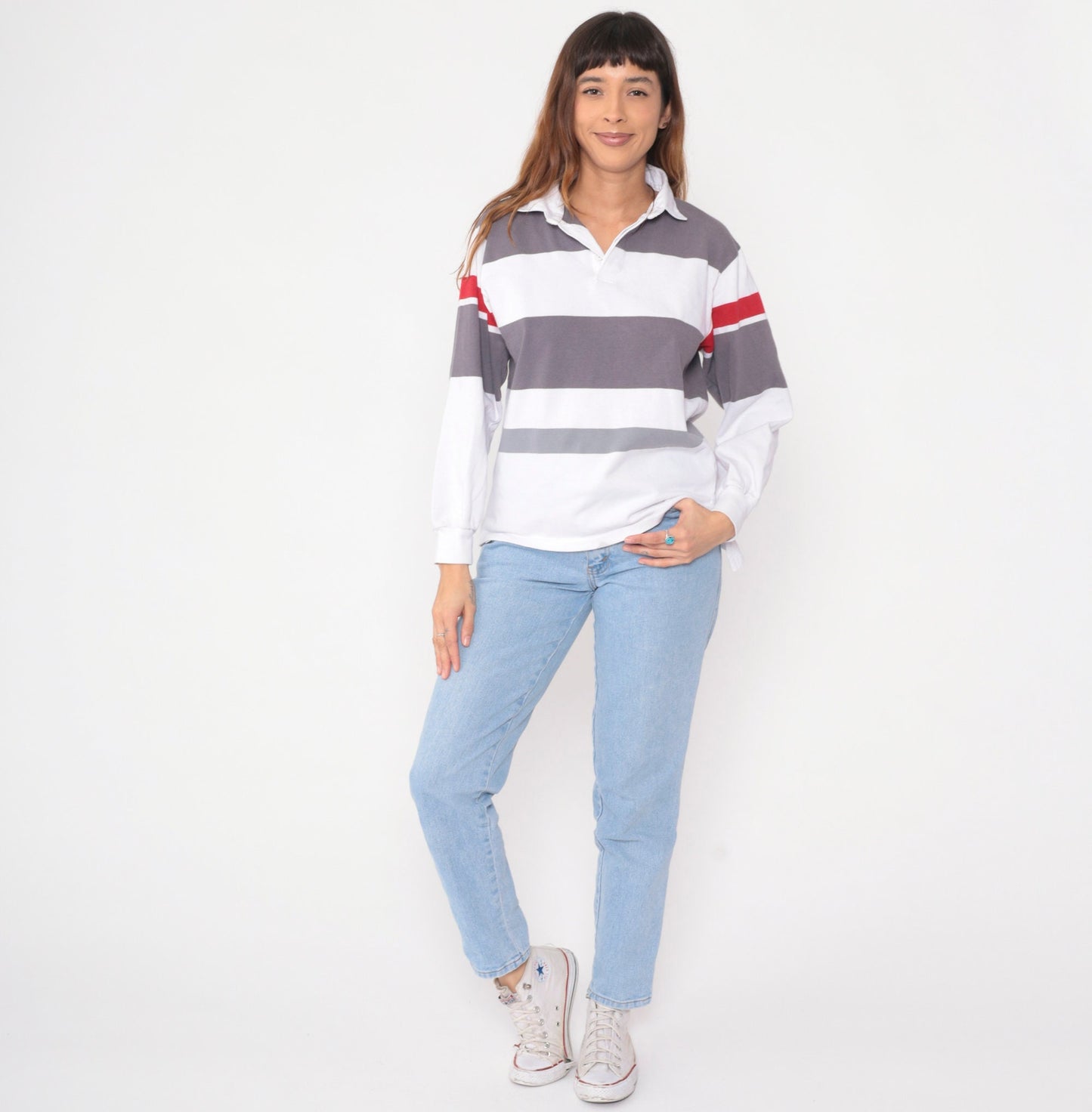 90s Shore Club Striped Rugby Shirt White Grey Red Long Sleeve Polo Medium