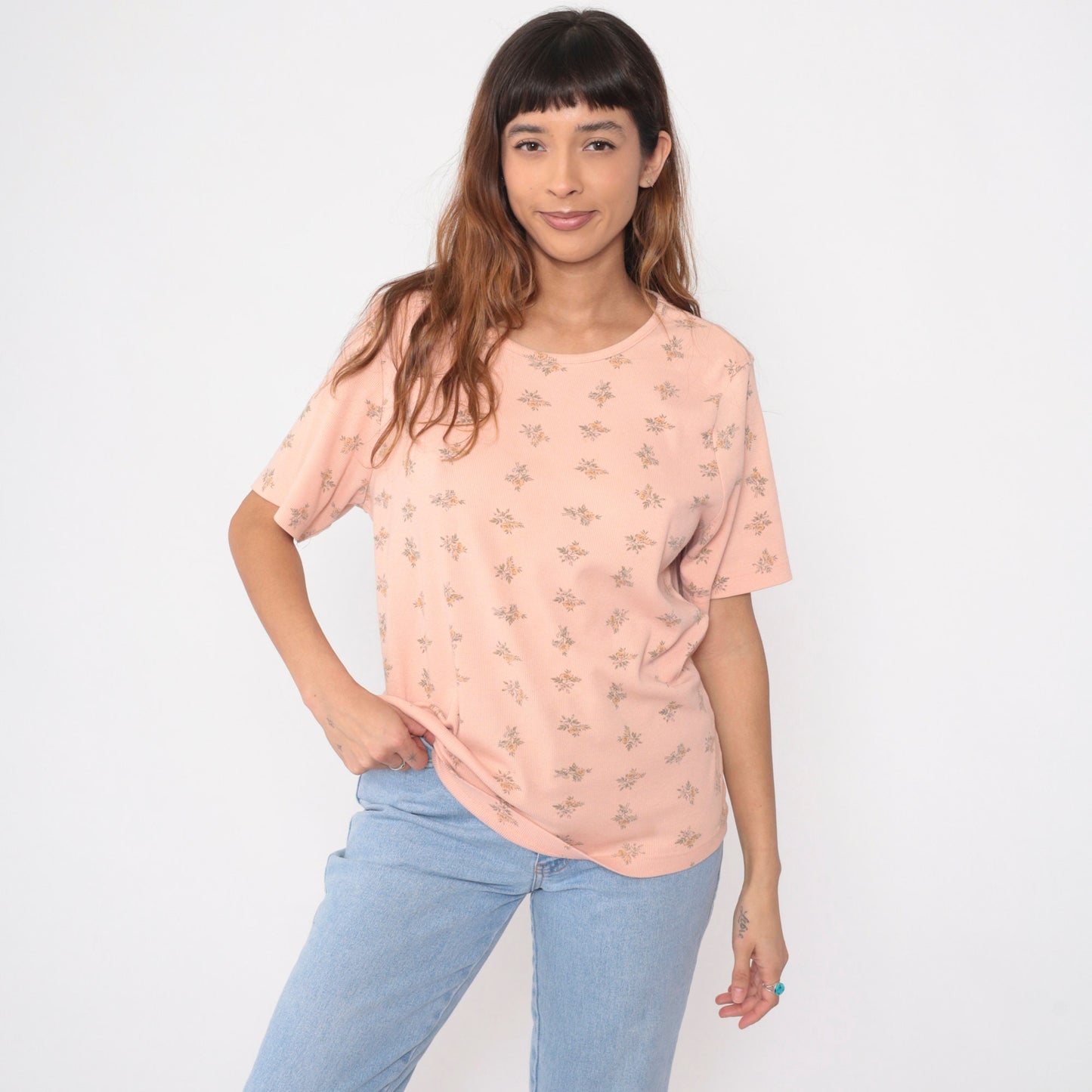 90s White Stag Peach Floral Graphic T-Shirt All Over Print Medium Large