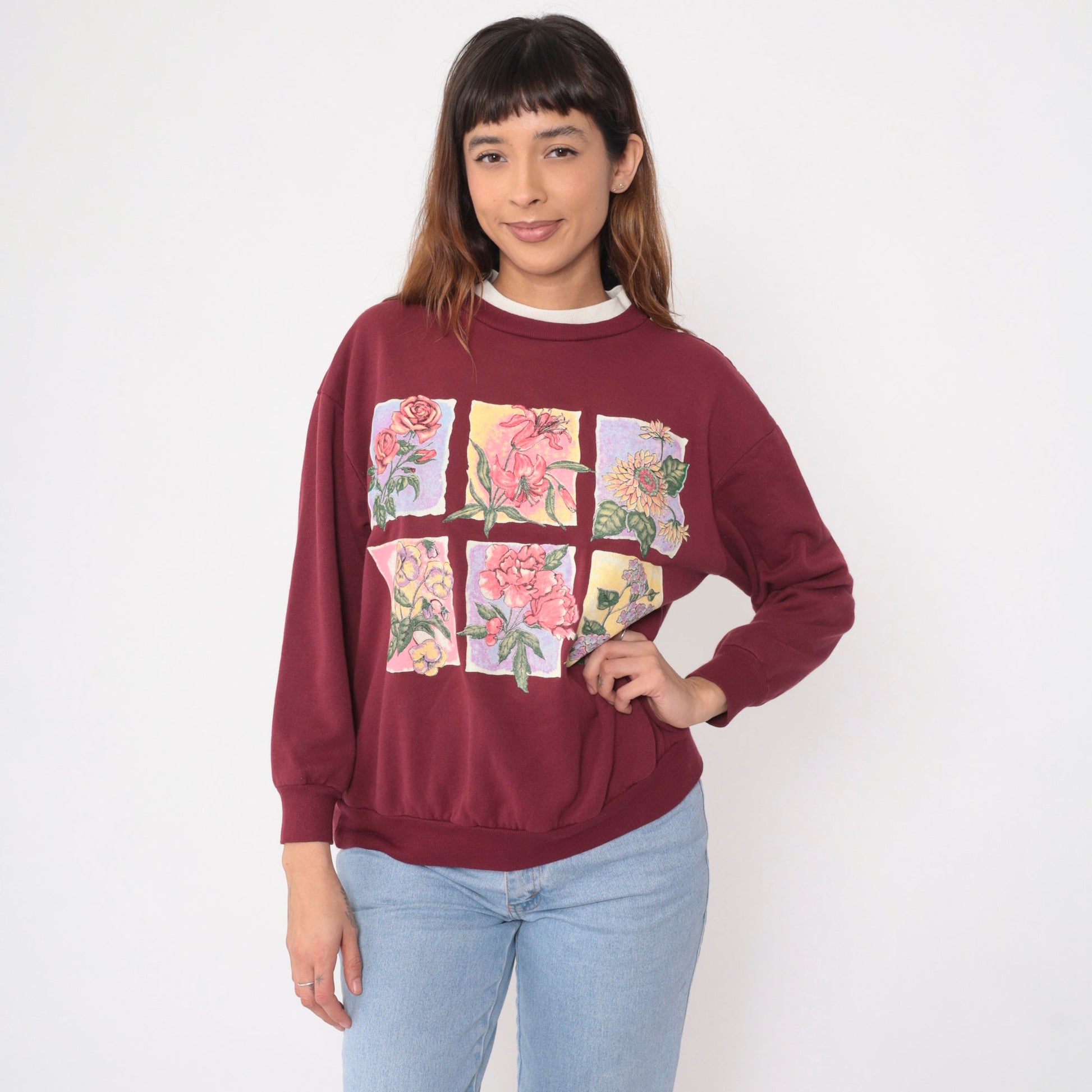 90s Burgundy Floral Sweatshirt Double Collar Crewneck Pullover Large L