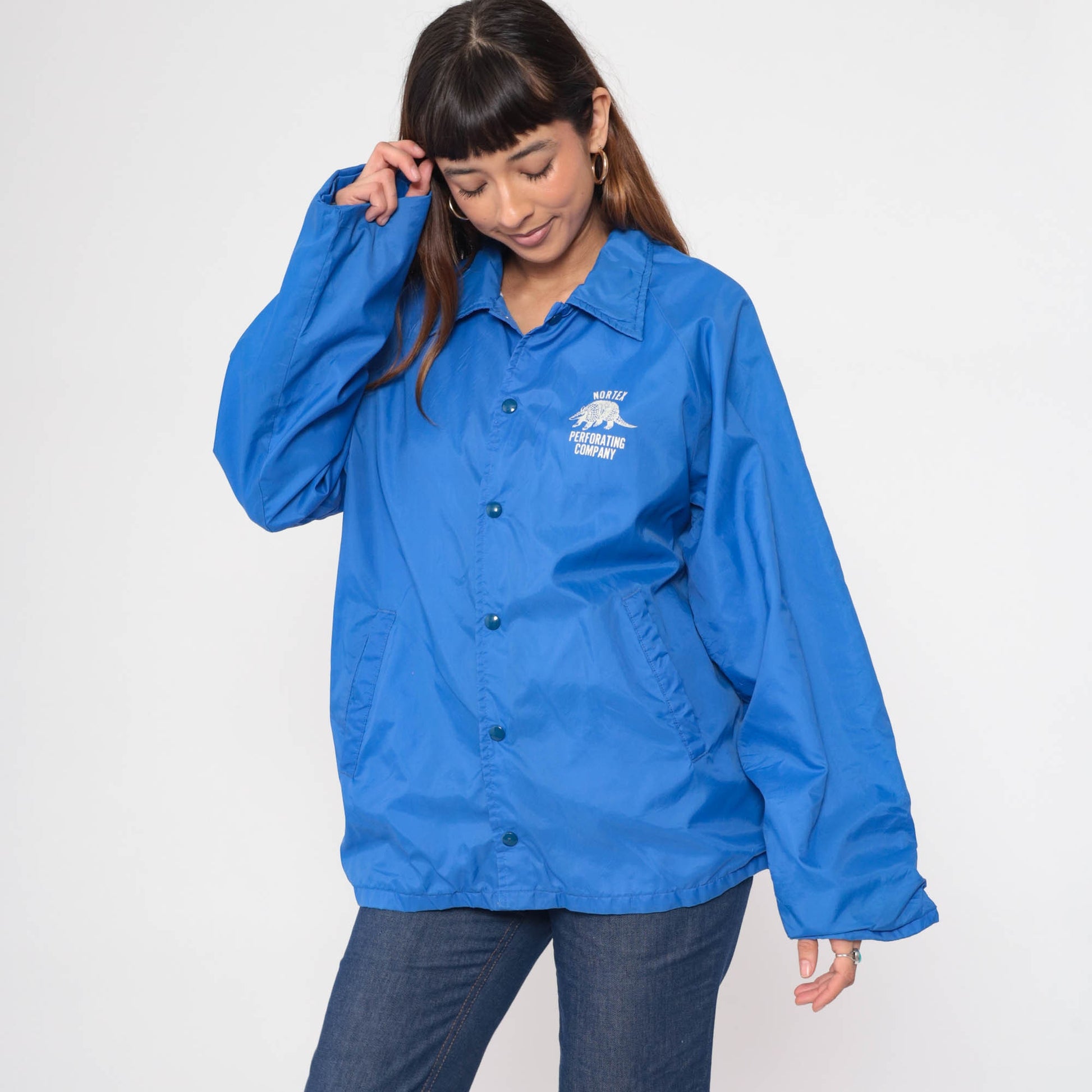 80s Nortex Perforating Company Armadillo Snap Windbreaker Blue Jacket Men's Large