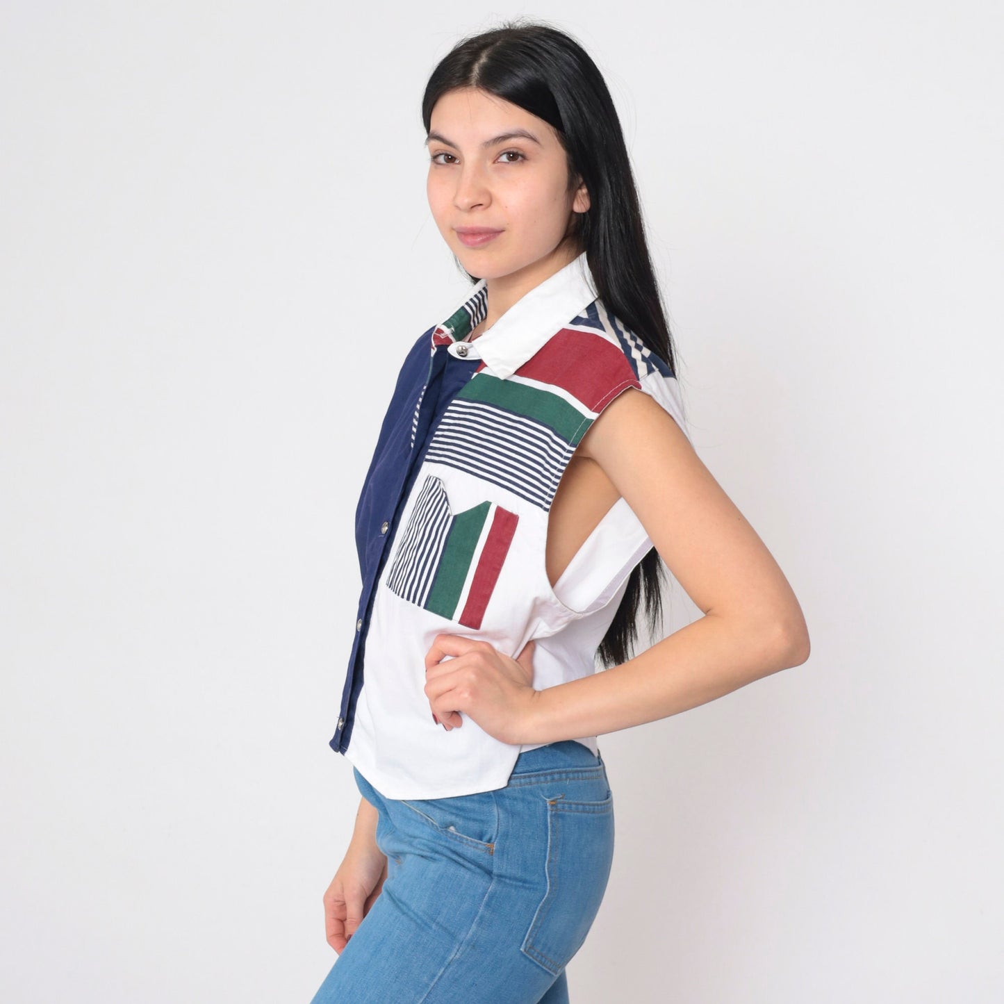 90s Banjo Striped Color Block Tank Top White Navy Collared Large L