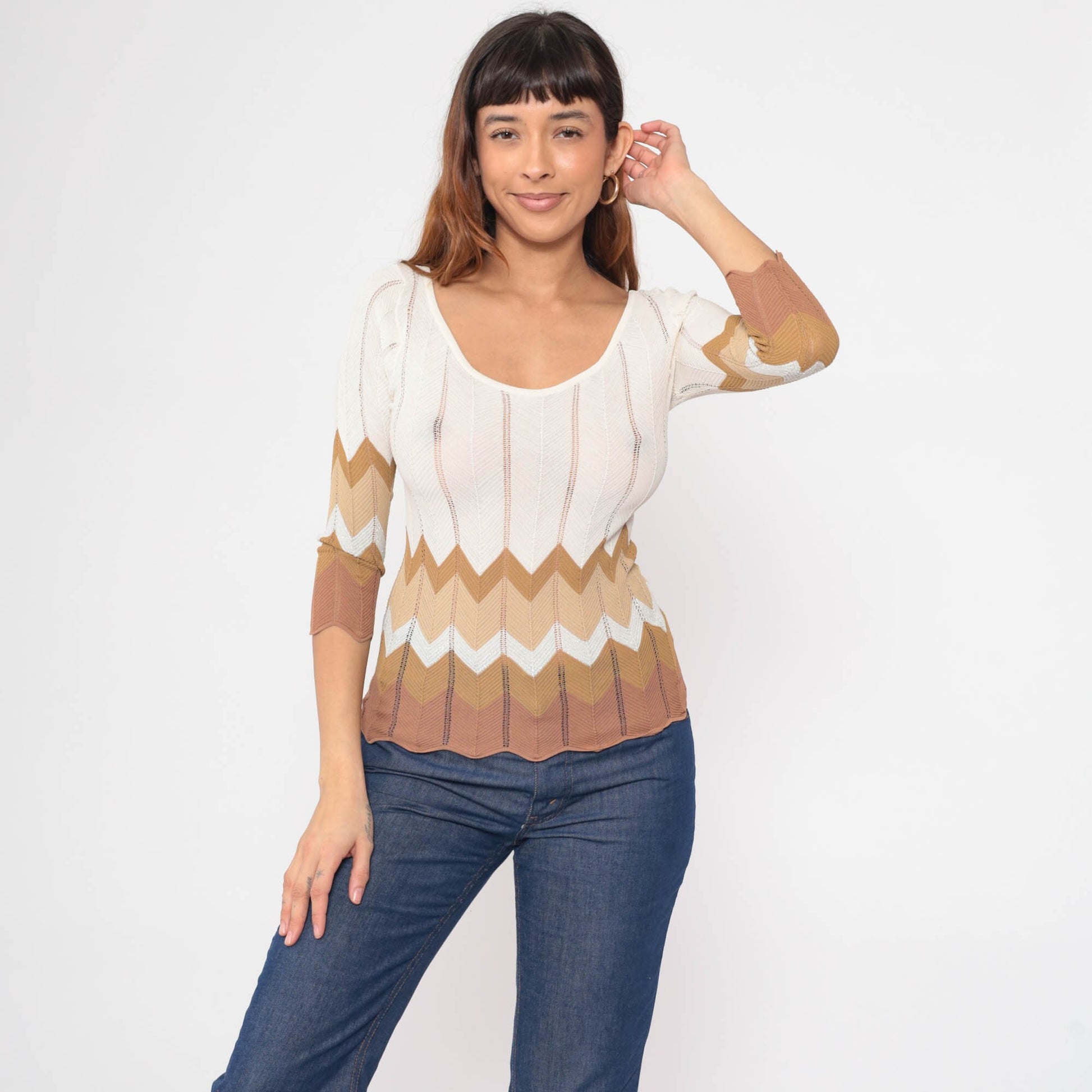 90s Zig Zag Knit Top Striped Scalloped Pointelle Sweater White Brown Small