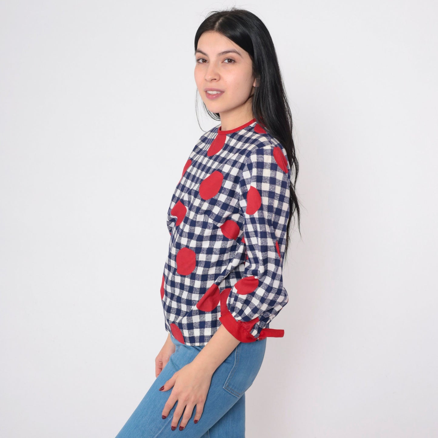 60s Mod Gingham Polka Dot Puff Sleeve Blouse Blue White Red Bow Cuffs Small