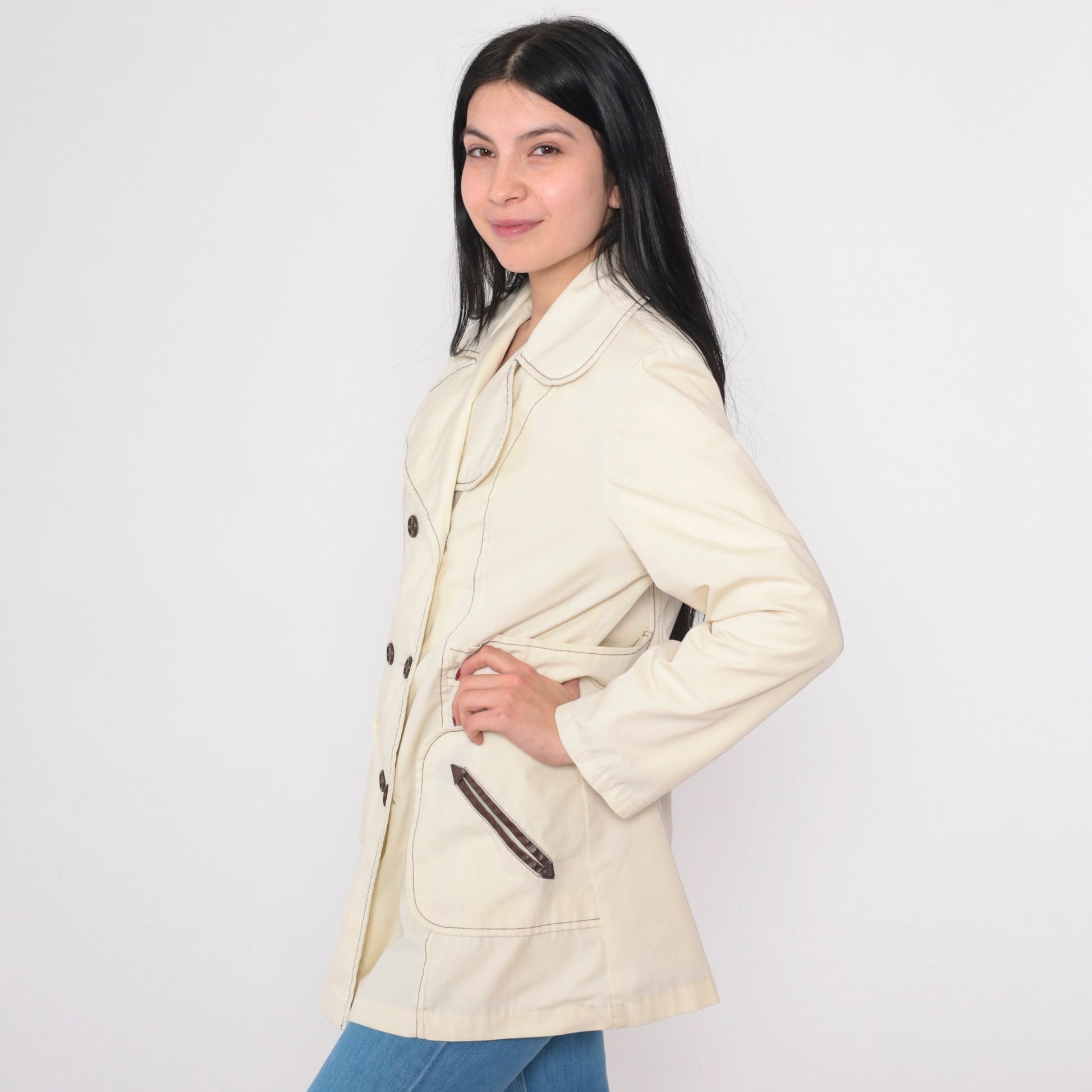 70s Cream Pea Coat Double Breasted Faux Fur Lined Sailor Jacket Extra Small
