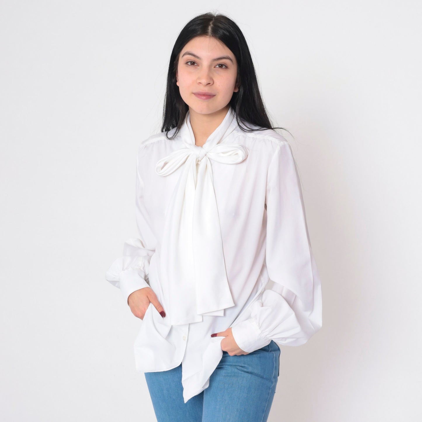 80s Evan Picone White Button-Up Blouse Attached Necktie Long Sleeve Large