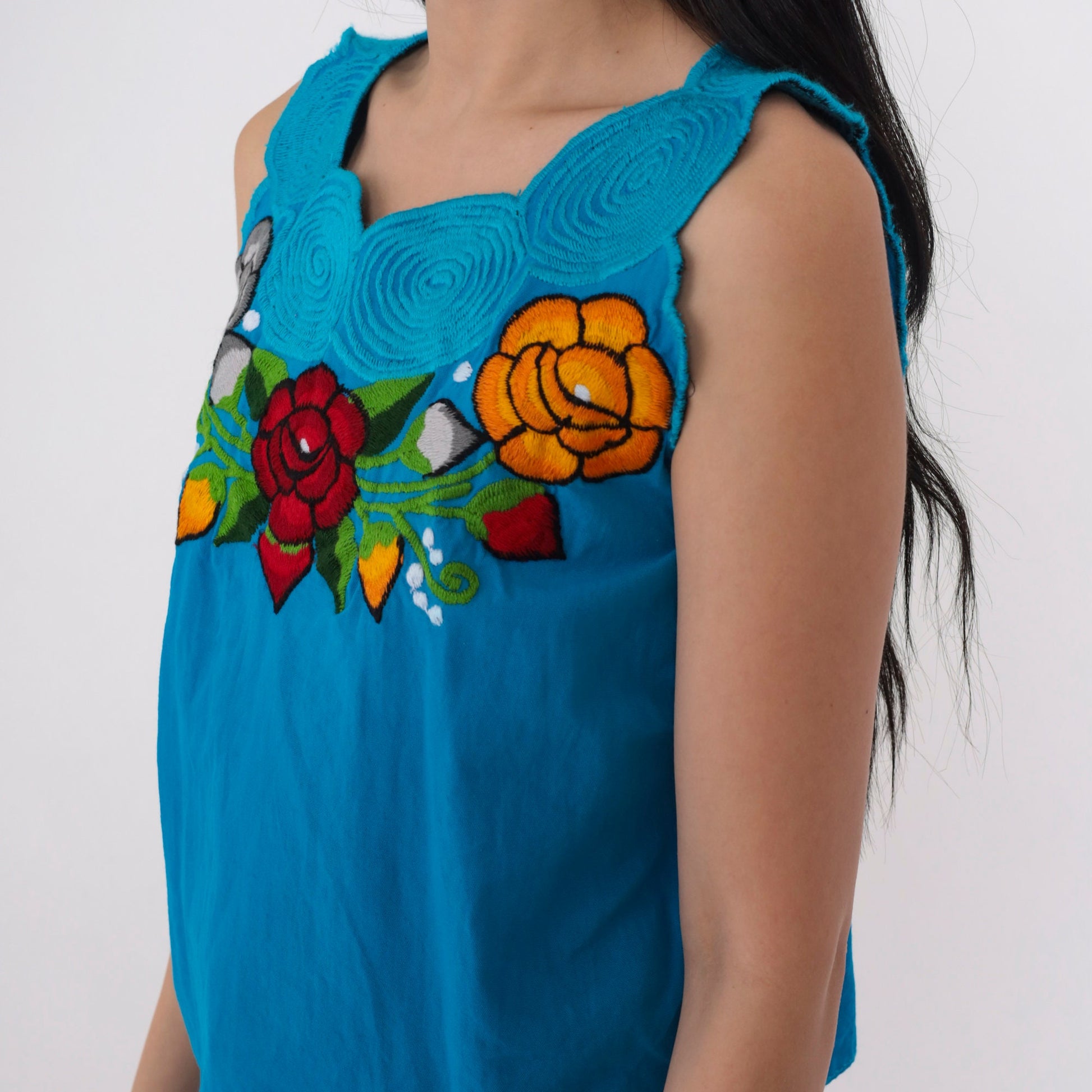 90s Mexican Embroidered Floral Tank Top Blue Scalloped Neckline Small