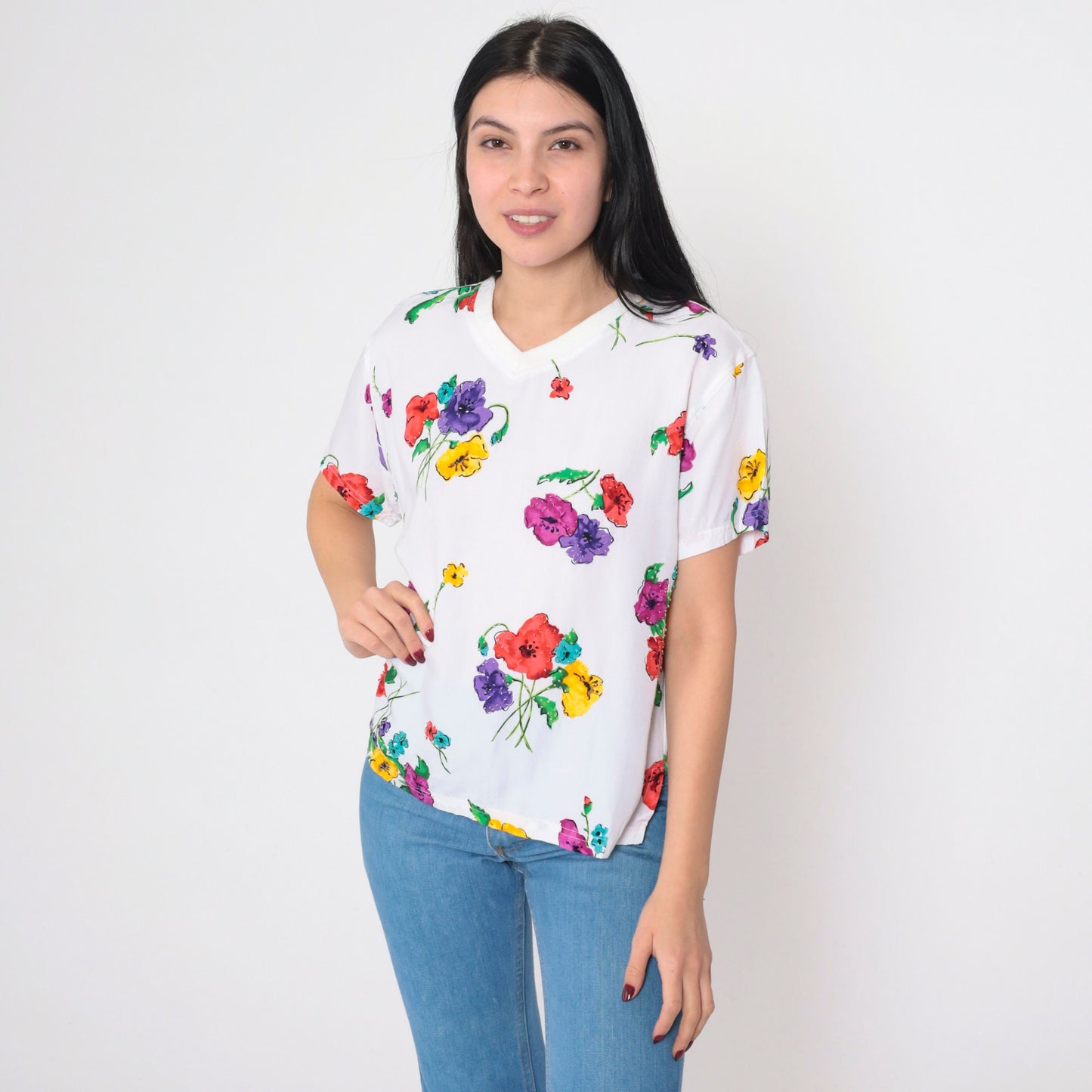 90s Carole Little Floral Beaded V-Neck T-Shirt White Graphic Tee Small S