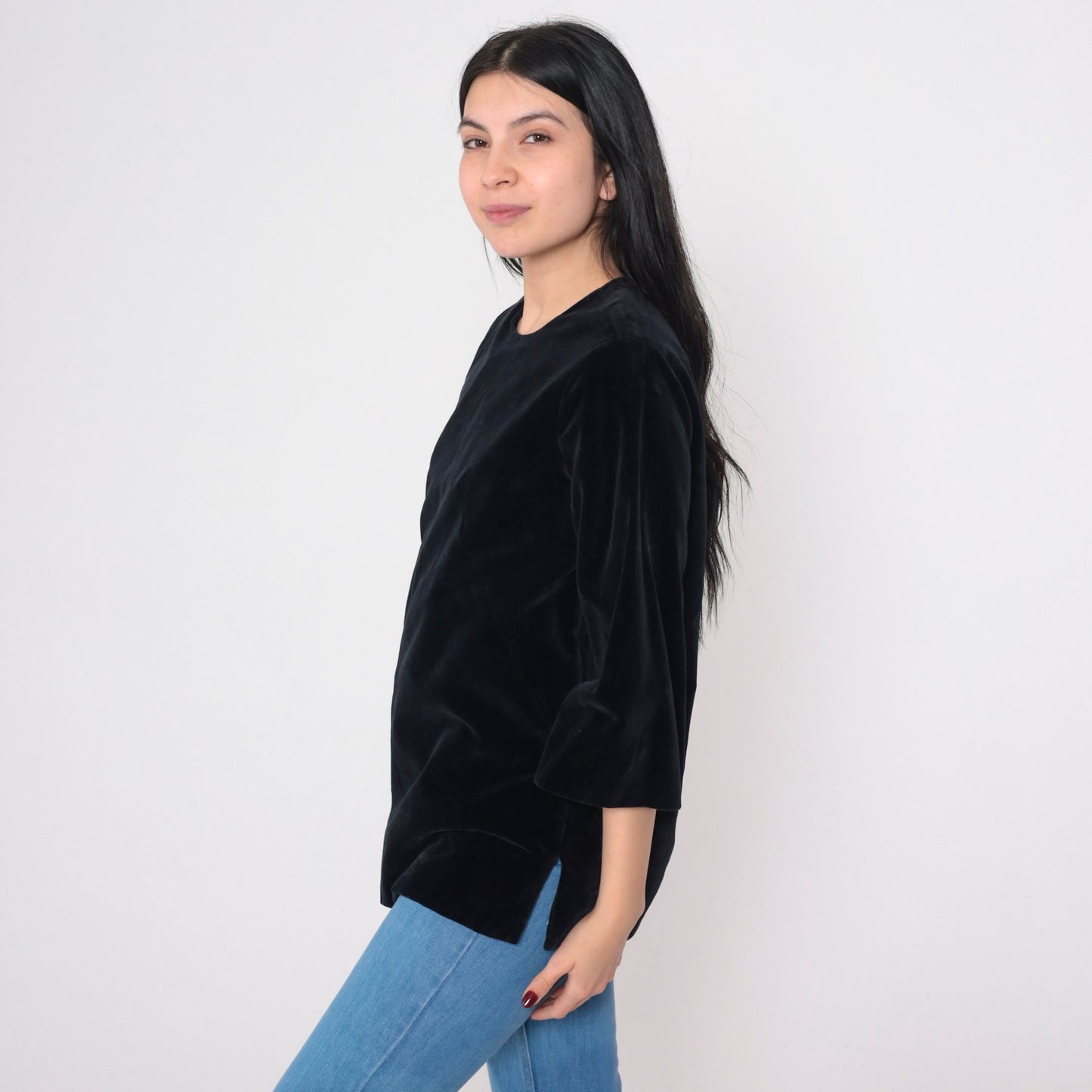 60s Black Velvet Blouse 3/4 Sleeve Rear Zip Medium