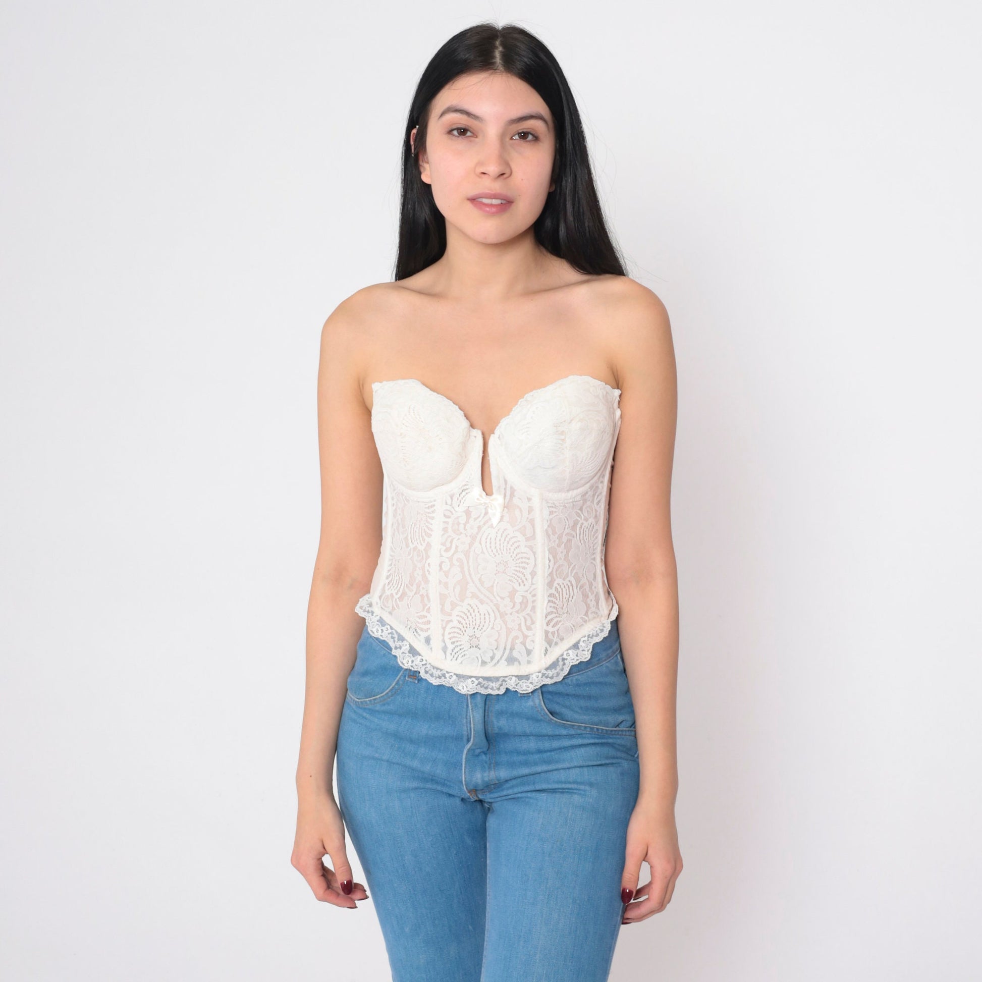90s White Floral Lace Bustier Bra Strapless Underwire Sweetheart Neckline 36B