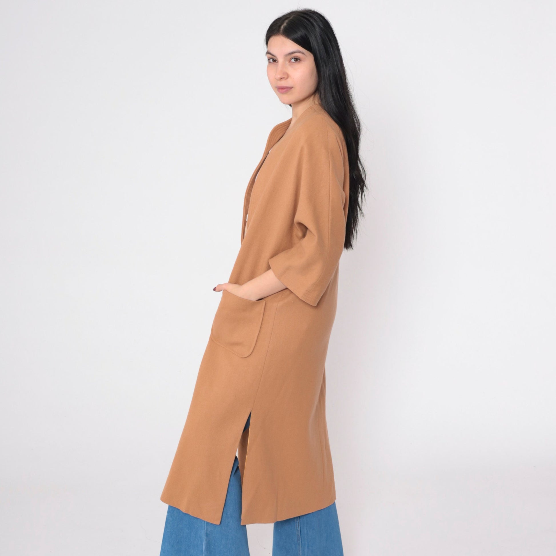 80s Tan Wool Jacket Open Front 3/4 Sleeve Longline Coat Small Medium
