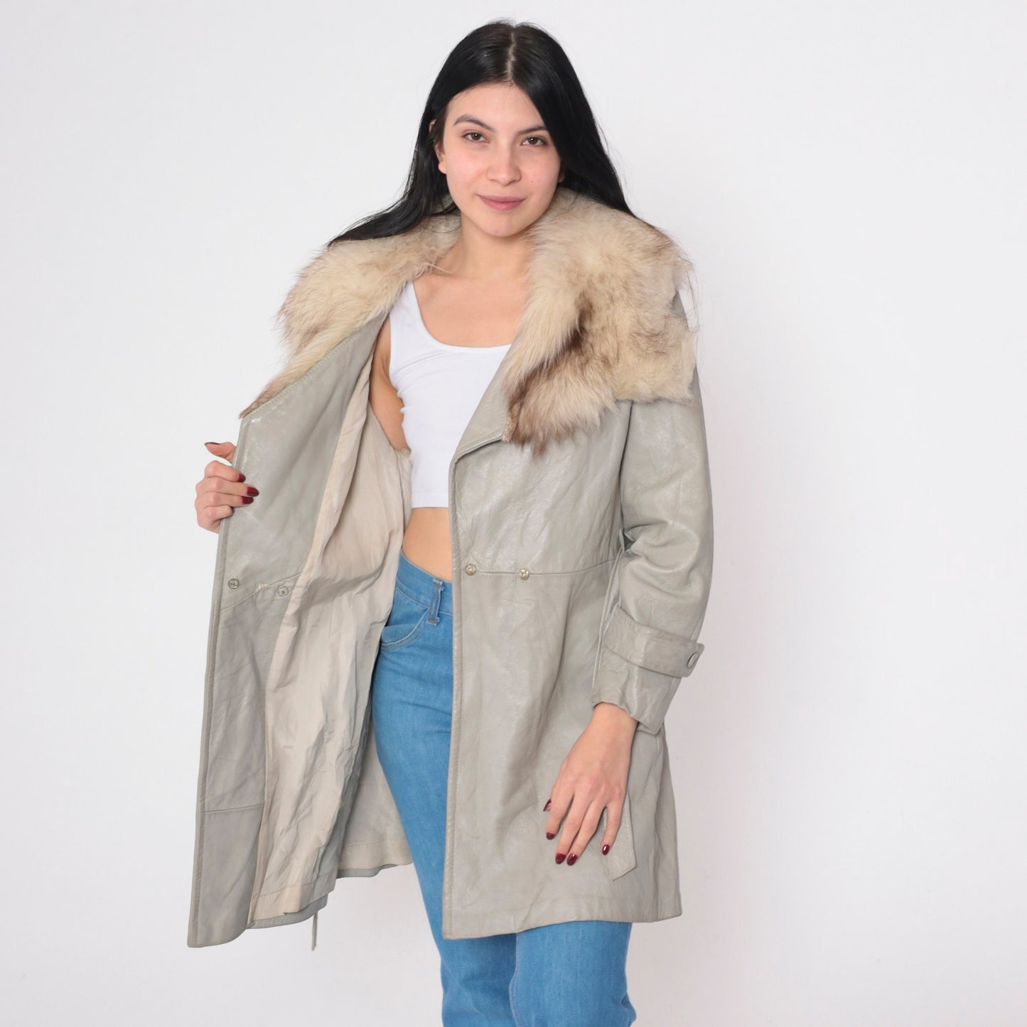 70s Light Grey Leather Jacket Faux Fur Collar Zip Belt Small