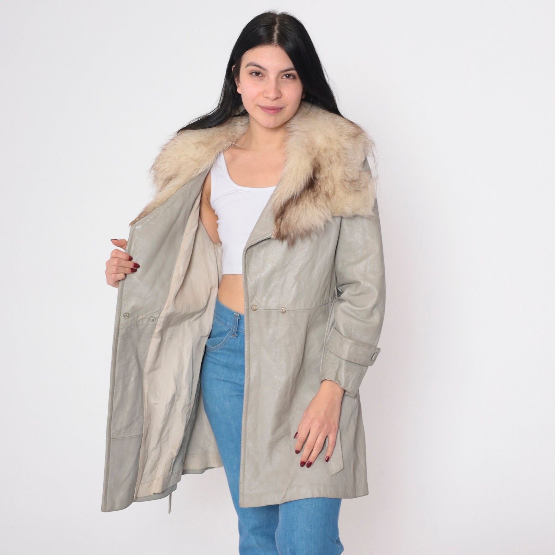70s Light Grey Leather Jacket Faux Fur Collar Zip Belt Small