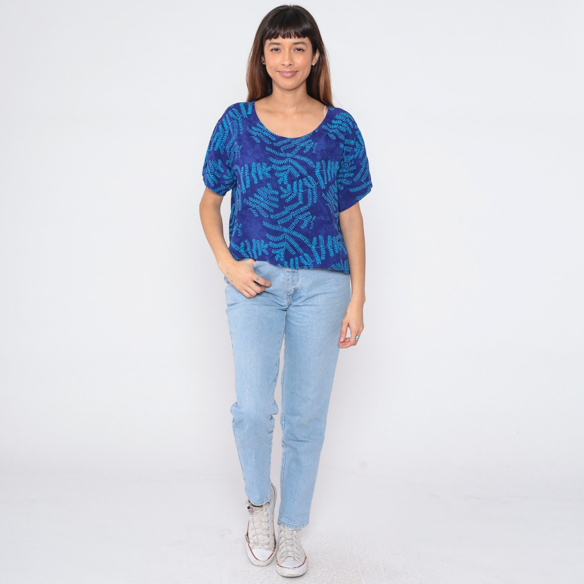 90s Global Village Tropical Leaf Scoop Neck Blouse Blue Short Sleeve Small