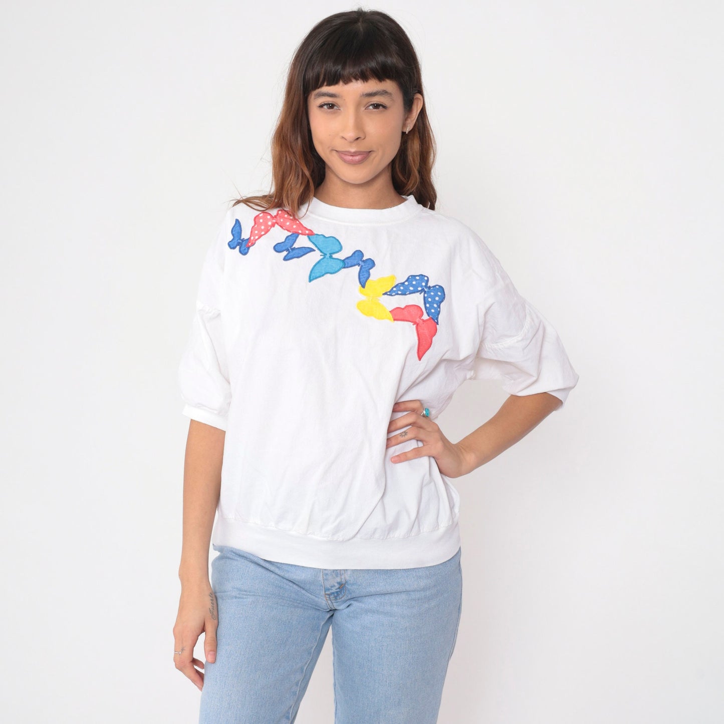 90s Butterfly Applique White Cotton T-Shirt Short Sleeve Banded Hem Large L