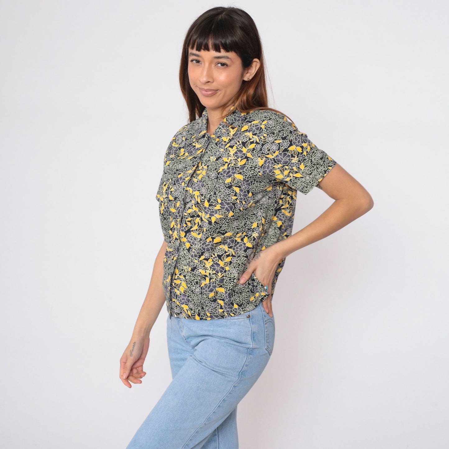 90s Black Floral Button-Up Blouse Yellow Purple Print Short Sleeve Small