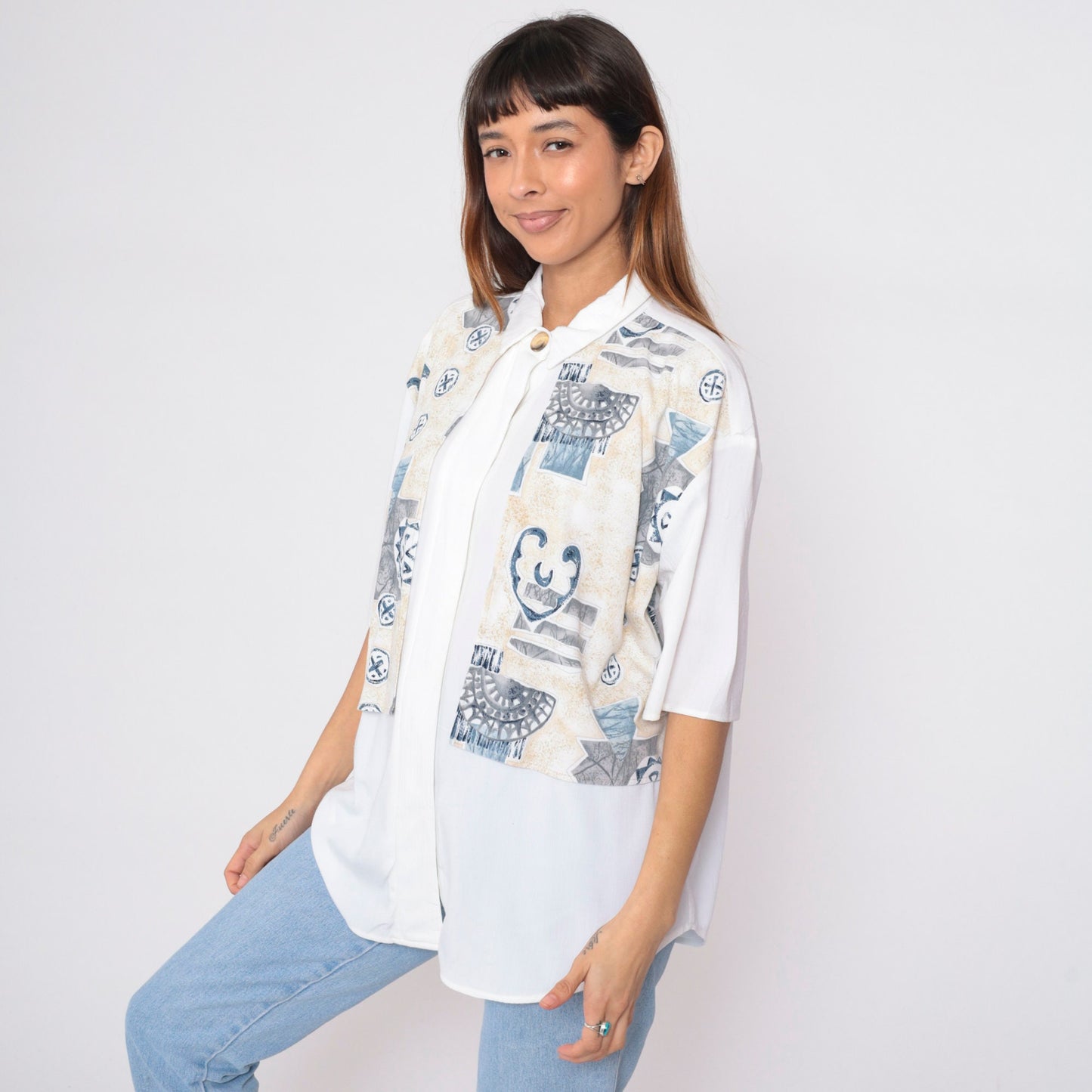90s Geometric Button Up Shirt White Attached Vest Half Sleeve Extra Large XXL