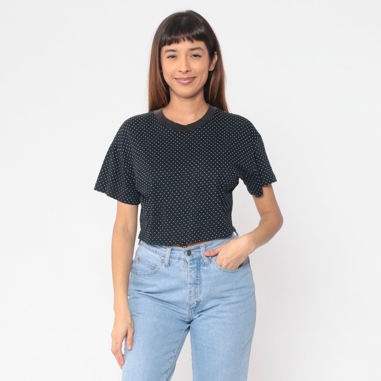 90s Black Polka Dot Crop Top White Print Short Sleeve Baby Tee Large L