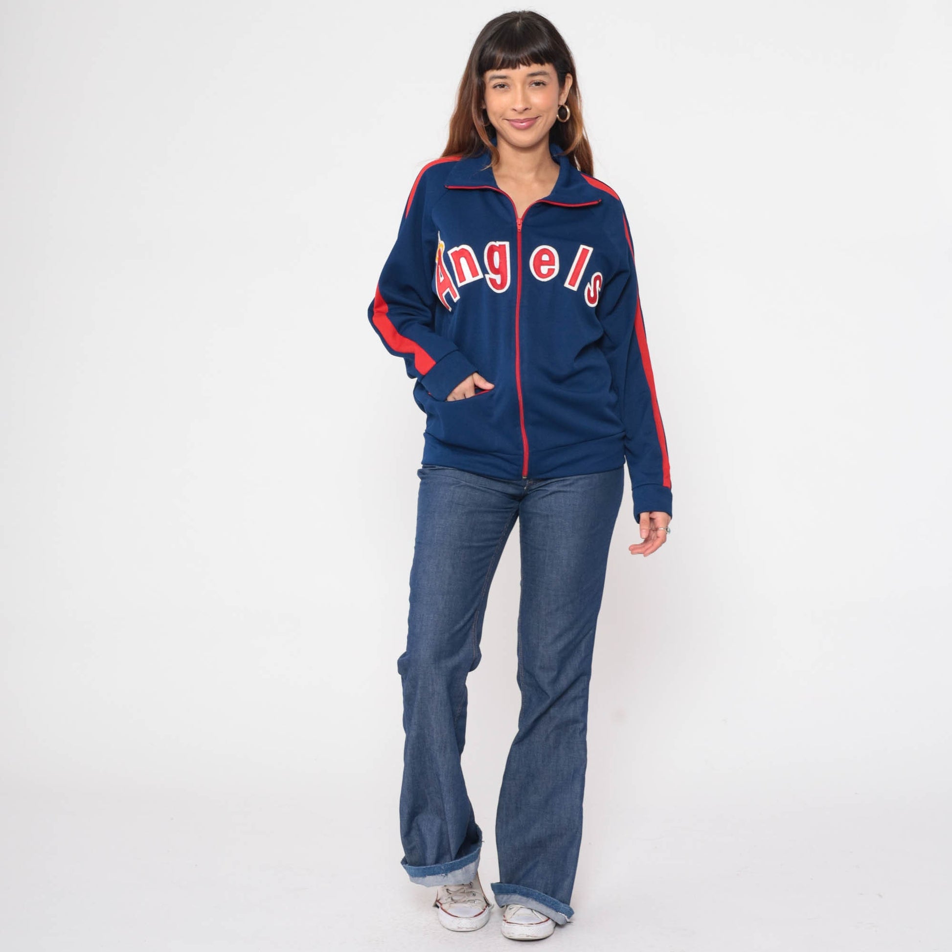 80s Los Angeles Angels Baseball Jacket Dark Blue Red Stripe Wool Blend Small