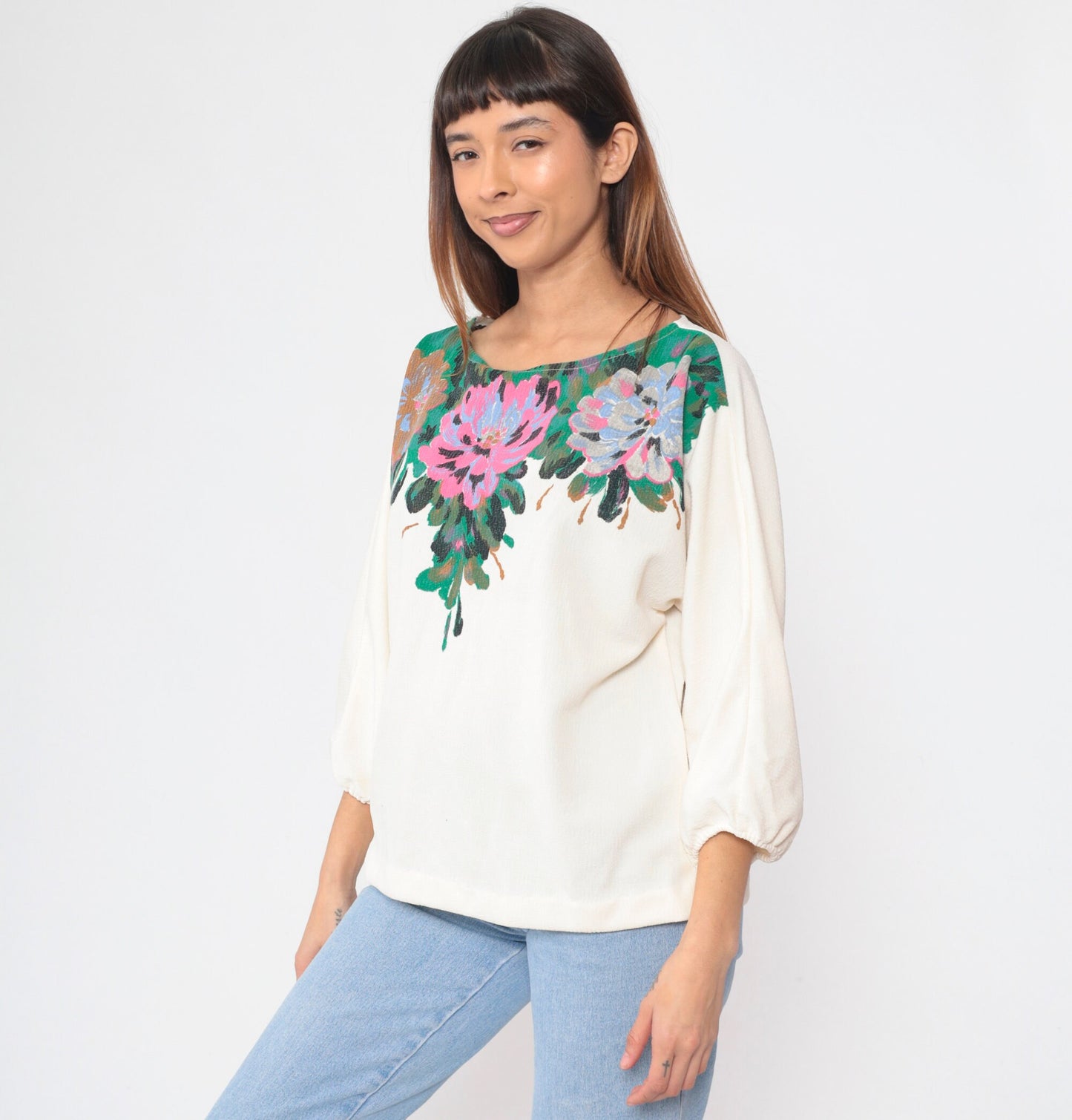 80s Cream Floral Peasant Blouse 3/4 Balloon Sleeve Painted Flower Print Large