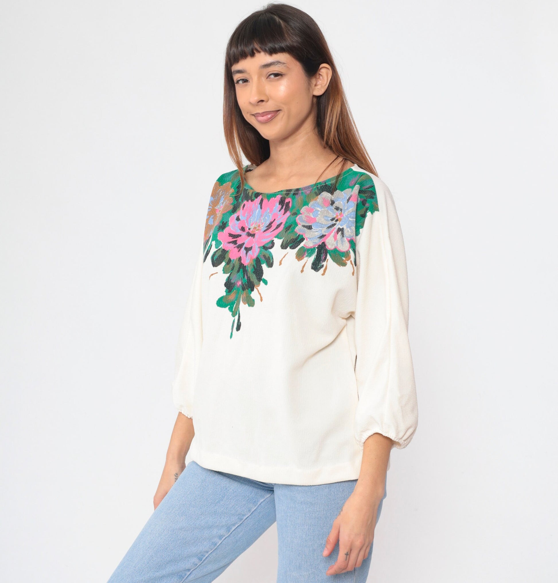 80s Cream Floral Peasant Blouse 3/4 Balloon Sleeve Painted Flower Print Large