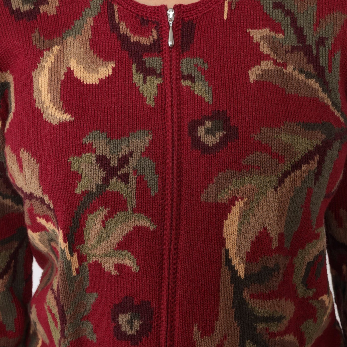 00s Talbots Leaf Print Cardigan Red Cotton Ramie Zip Knit Small S