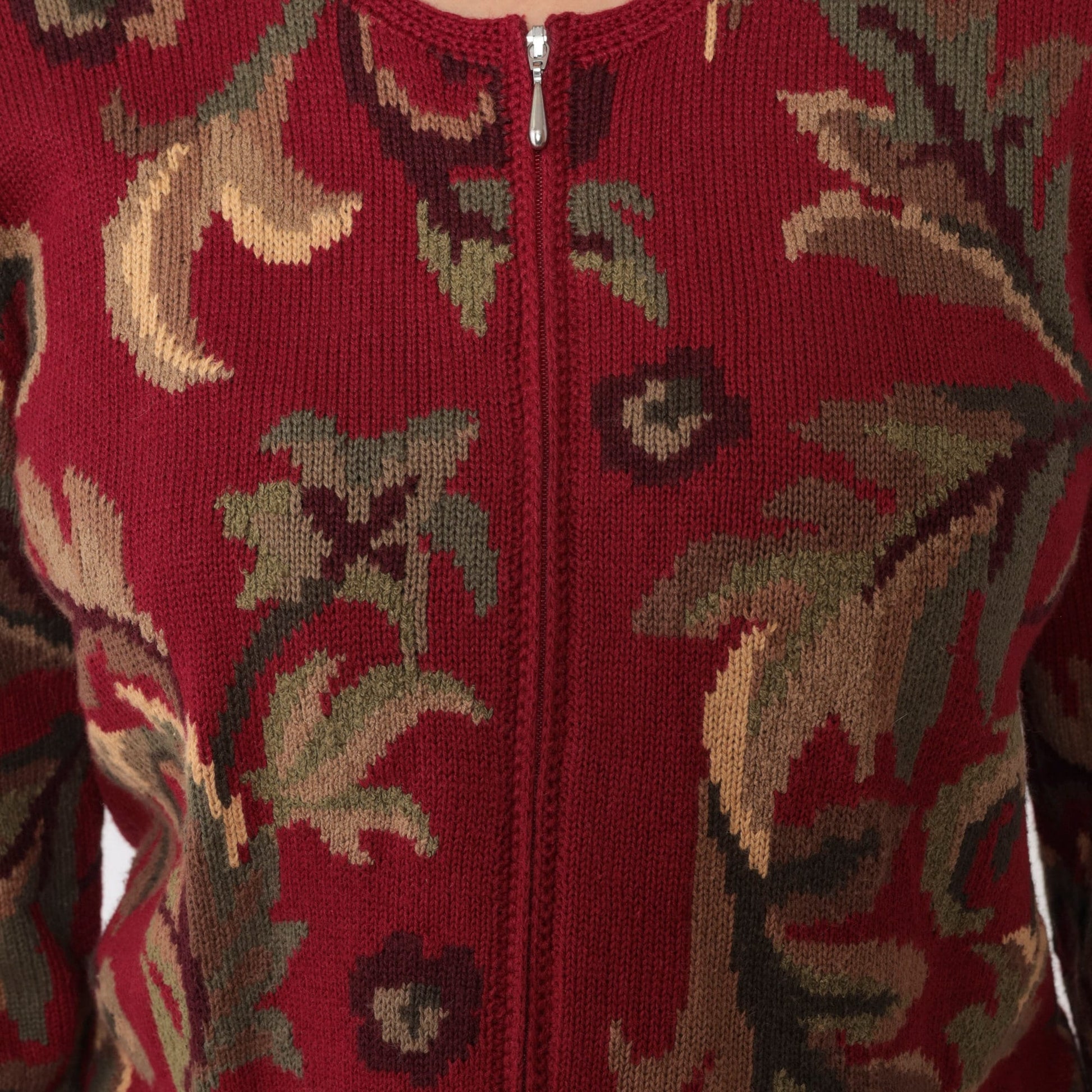 00s Talbots Leaf Print Cardigan Red Cotton Ramie Zip Knit Small S